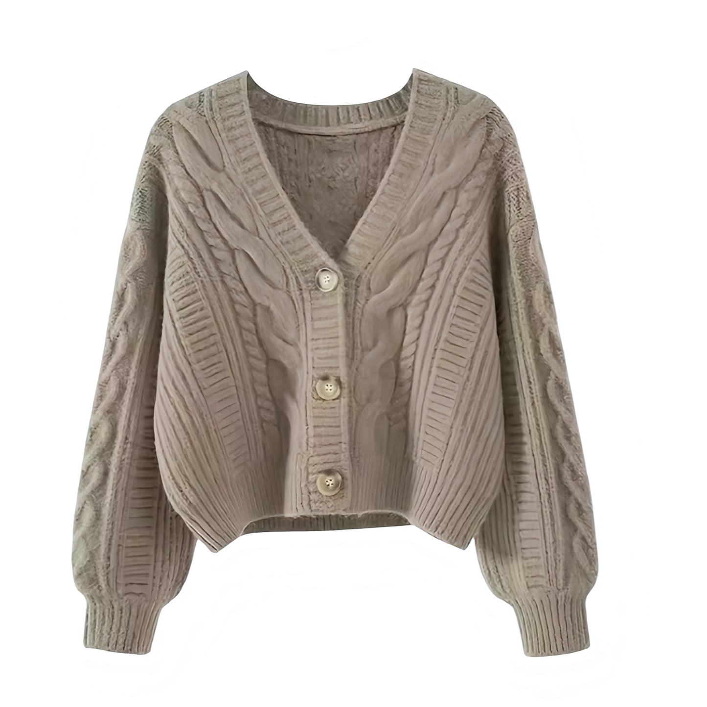 Light brown cable knit v-neck cropped cardigan sweater with buttons, oversized chunky knit jumper for women and teens. Soft, warm, cozy, and elegant knitwear in neutral chocolate brown tones. Perfect for fall, autumn, and winter 2025. Feminine preppy casual fashion style inspired by pumpkin spice and Uggs. Ships worldwide to US, UK, Canada, Australia, New Zealand, Europe, Asia, France, Germany, Italy, Sweden, Spain, Denmark, Netherlands, Poland, Ireland, Switzerland, and Finland.