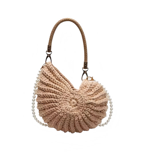 Light brown seashell crochet pearl beaded clutch shoulder beach bag, handmade raffia knit conch shell shaped purse crossbody handbag, elegant boho chic women’s fashion accessory for beach club, resort wear, euro summer vacation 2025, mermaid core coastal style, trendy and stylish purse shipped internationally to USA, Canada, UK, Australia, France, Germany, Spain, Italy, Denmark, Asia.