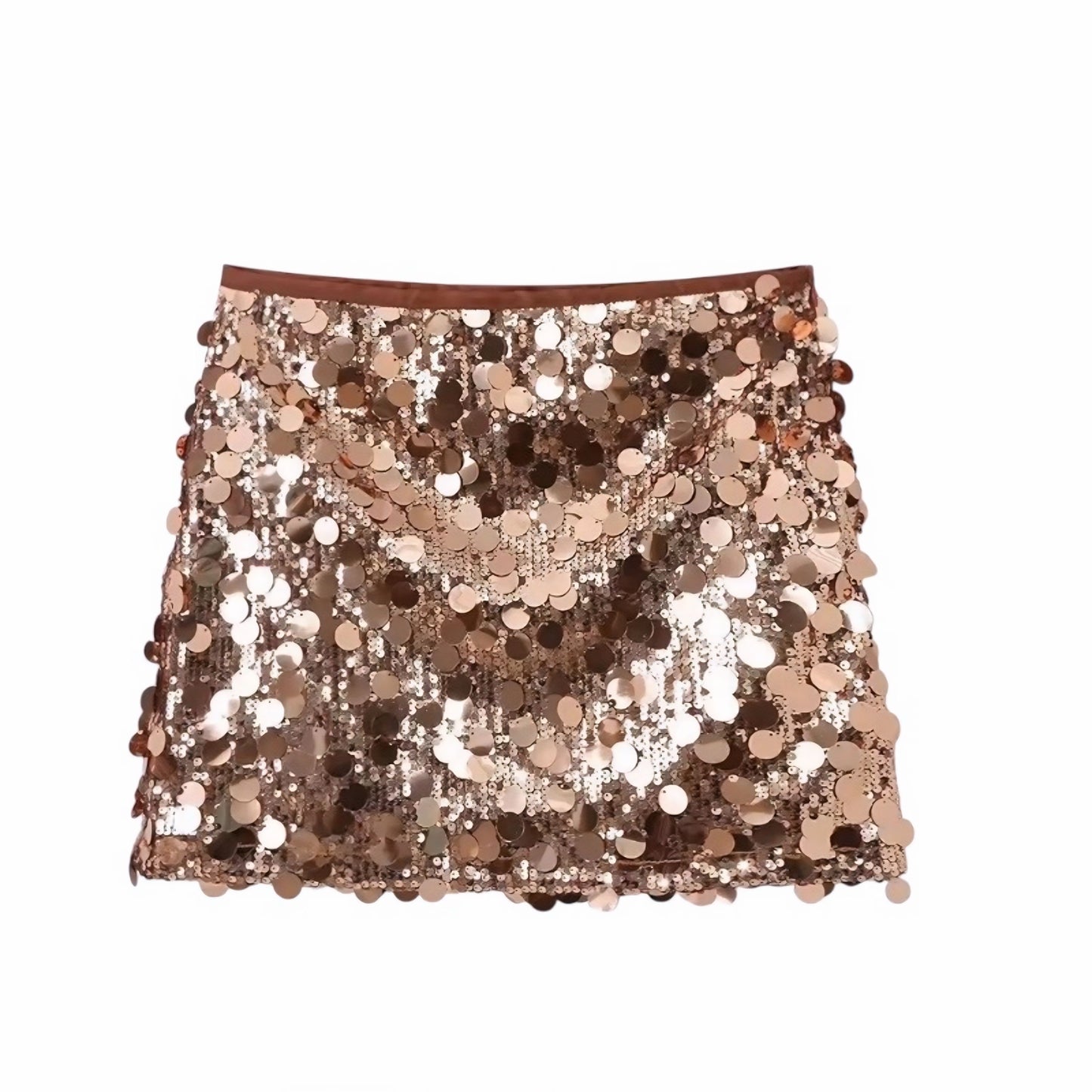 Light brown sequin embellished slim fit low-rise mini skirt, sparkly pencil/sheath; feminine boho Ibiza style festival party club rave concert Euro summer vacation trendy Y2K it-girl that-girl sexy chic 2025. Ships worldwide to US, UK, EU, AU, Canada & more.