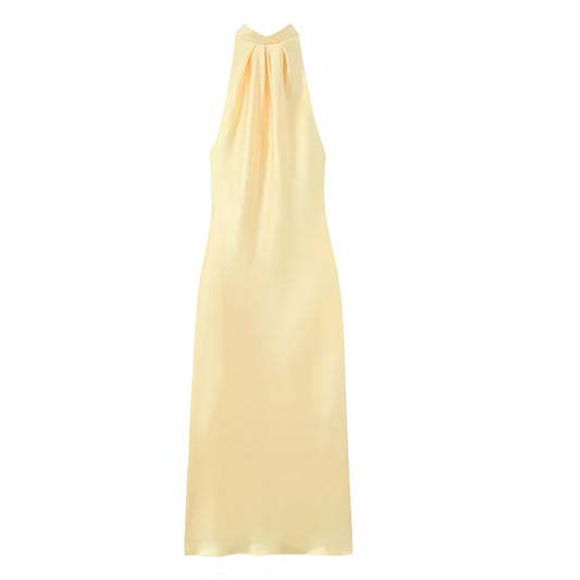 Light Yellow Satin Bodycon Sleeveless Backless Halter Maxi Dress in Butter Yellow Slim Fit Sheath Style with Satin Finish, Mock Neck Turtleneck Halter with Bow Detail, Midi to Maxi Length Sundress for Women and Teens Summer 2025 Fashion, Elegant Feminine Preppy Chic Outfit for Casual Everyday Wear, Vacation Resort Styling, Euro Summer Trips, School Sorority Rush, Homecoming Hoco Dresses, Prom and Semi-Formal Events, Sexy Y2K Night Out Party Looks, Trendy Brunch and That Girl It Girl Global Aesthetic