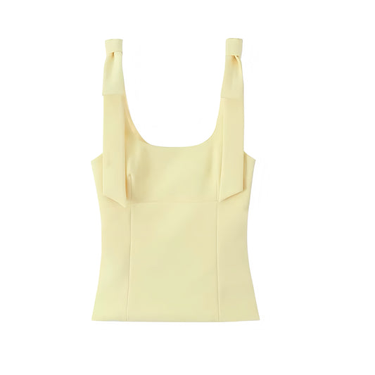 Light Yellow Butter Yellow Bow Spaghetti Strap Bustier Corset Tank Top Slim Fit Bodycon Square Neckline Sleeveless Backless Crop Camisole Blouse Women Teens Y2K Preppy Coquette Summer 2025 Fashion Available worldwide with fast shipping to US, UK, Canada, Australia, France, Germany, Denmark, Europe, and Asia.