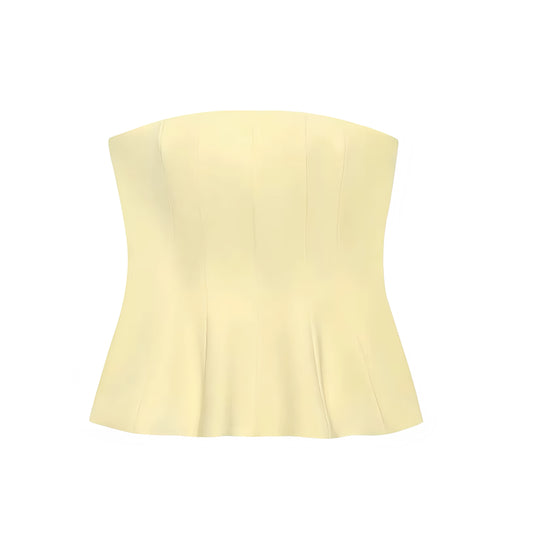 Light Yellow Strapless Corset Top in Butter Yellow Slim Fit Bustier Style with Square Neckline, Sleeveless Crop Tank Top Blouse Featuring Flared Peplum Hem, Plissé and Pleated Detailing, Elegant Feminine Chic Preppy Summer 2025 Fashion for Women and Teens, Perfect for Casual Everyday Wear, School, Sorority Rush, Brunch Outfits, Holiday Vacation Styling, Sexy Y2K Party Looks, Trendy Night Out Club Wear, and That Girl It Girl Aesthetic Worldwide Shipping