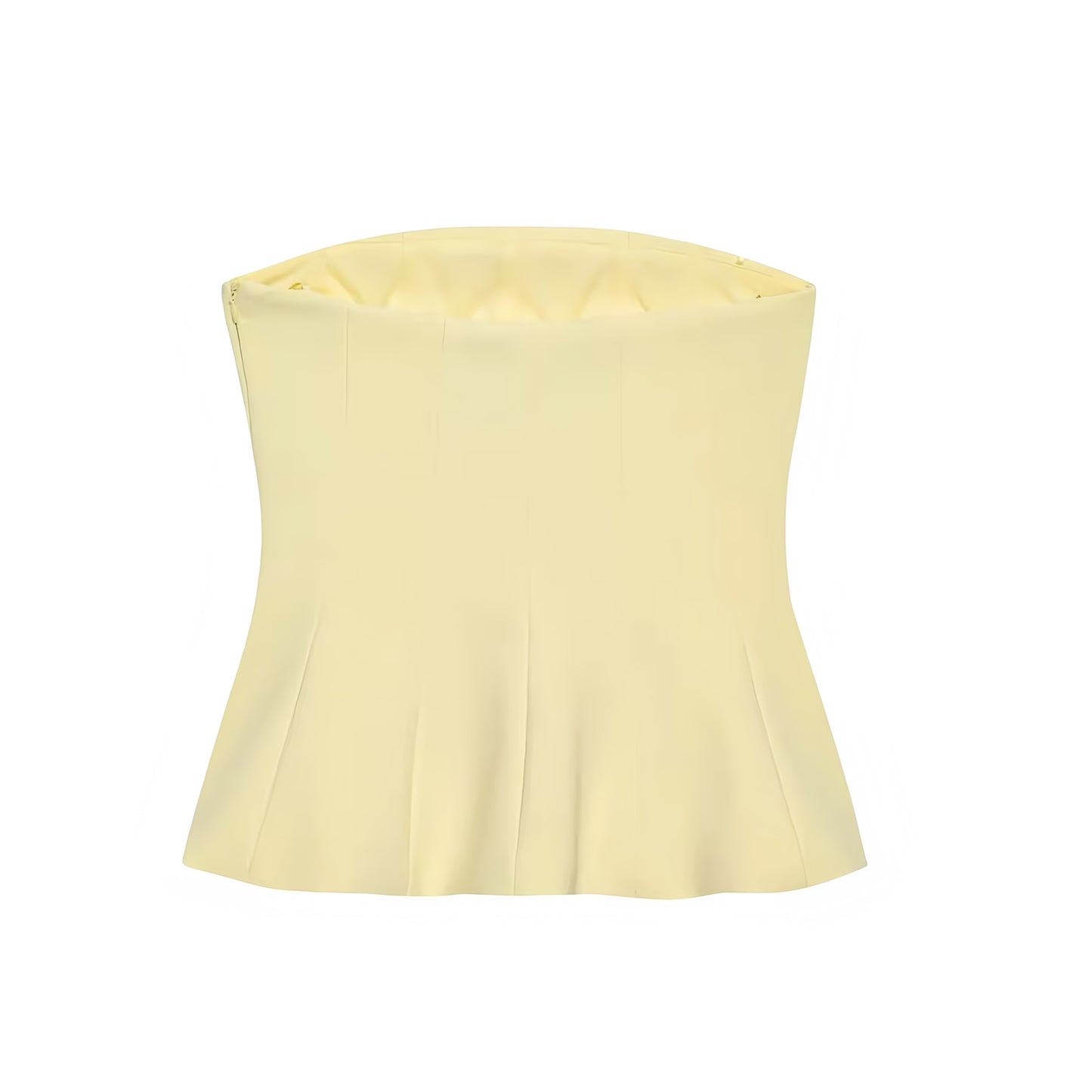 Light Yellow Strapless Corset Top in Butter Yellow Slim Fit Bustier Style with Square Neckline, Sleeveless Crop Tank Top Blouse Featuring Flared Peplum Hem, Plissé and Pleated Detailing, Elegant Feminine Chic Preppy Summer 2025 Fashion for Women and Teens, Perfect for Casual Everyday Wear, School, Sorority Rush, Brunch Outfits, Holiday Vacation Styling, Sexy Y2K Party Looks, Trendy Night Out Club Wear, and That Girl It Girl Aesthetic Worldwide Shipping