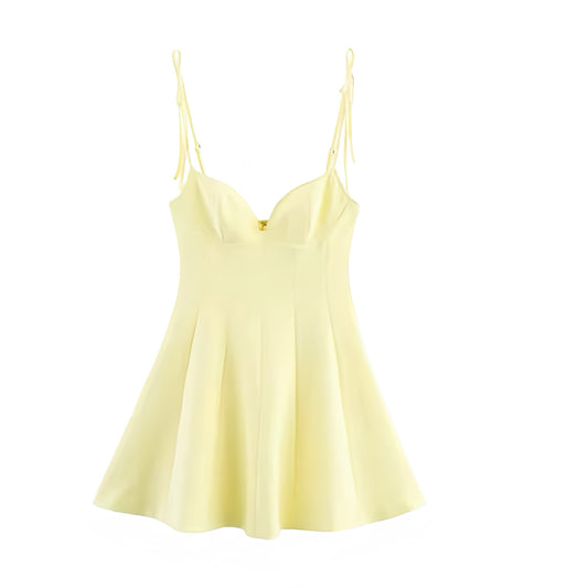 Light butter yellow slim fit bodycon corset bustier sweetheart neckline spaghetti strap sleeveless backless a-line drop waist flared plissé pleated short mini dress sundress for women and teens, chic trendy preppy elegant feminine fashion, Y2K sexy summer 2025 casual everyday holiday vacation brunch sorority rush prom hoco homecoming school party going out night out club wear, with global shipping to USA, UK, Europe, Australia, and Canada.