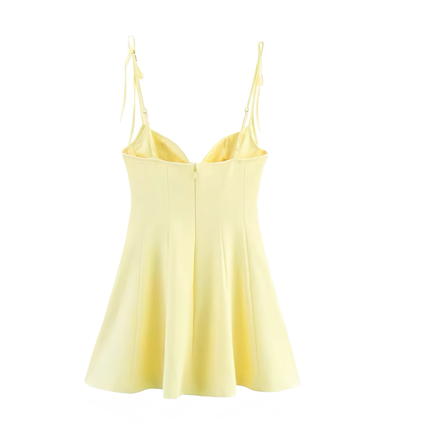 Light butter yellow slim fit bodycon corset bustier sweetheart neckline spaghetti strap sleeveless backless a-line drop waist flared plissé pleated short mini dress sundress for women and teens, chic trendy preppy elegant feminine fashion, Y2K sexy summer 2025 casual everyday holiday vacation brunch sorority rush prom hoco homecoming school party going out night out club wear, with global shipping to USA, UK, Europe, Australia, and Canada.