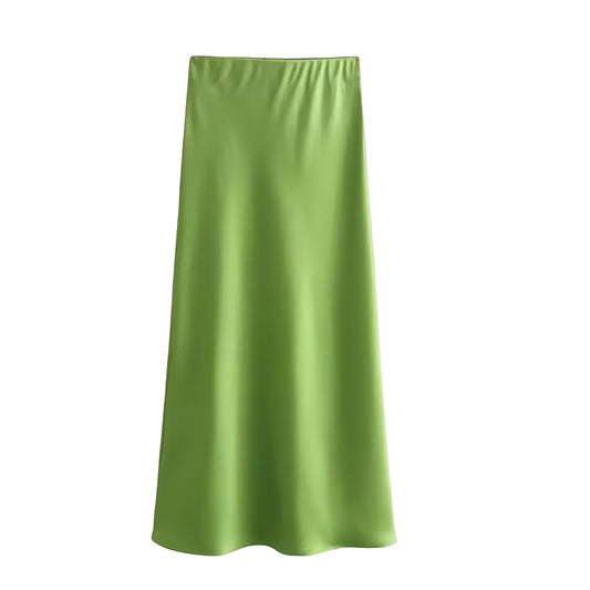 Light green satin low rise midi skirt for women and teens. Slim fit bodycon a line silhouette slip sheath pencil plisse flowy midi maxi skirt. Elegant chic trendy Y2K summer fall fashion. Perfect for holiday vacation casual everyday school sorority rush festival concert rave evening party night out sexy club wear boho chic Ibiza style Euro summer outfit. Ships globally worldwide to USA, UK, Canada, Australia, New Zealand, Germany, France, Ireland, Denmark, Sweden, Switzerland, Spain, Netherlands, Europe
