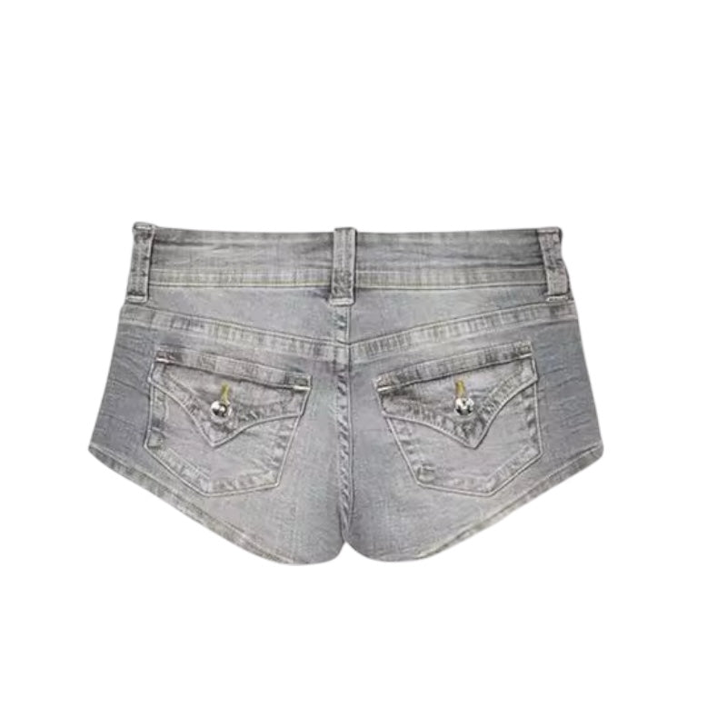 Light grey faded low-rise Y2K denim jean mini booty shorts slim fit with pockets, sexy peachy bottom retro vintage chic casual trendy cute western country festival shorts, perfect summer 2025 women’s and teens club wear night out outfits, ships internationally to USA, Canada, UK, Australia, France, Germany, Spain, Italy, Denmark, Asia.