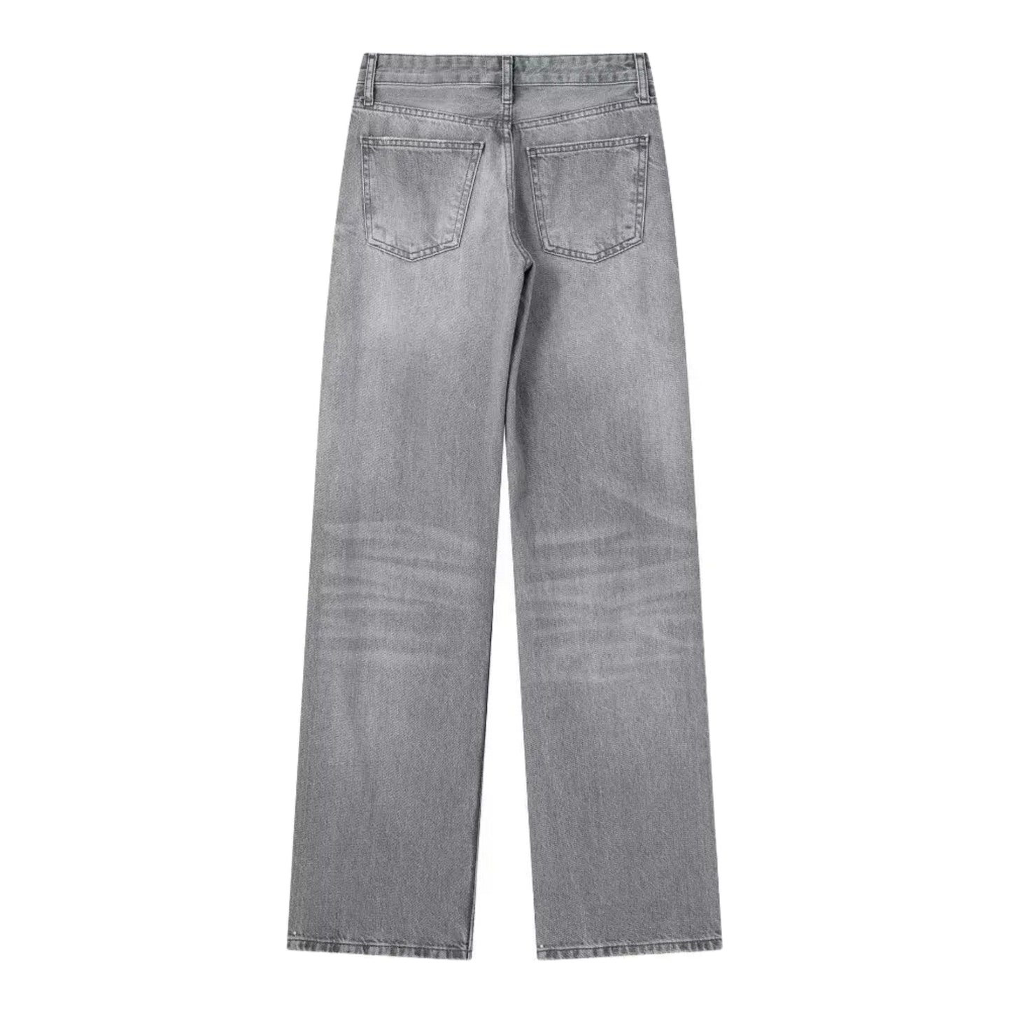 Light grey faded mid-rise wide leg denim jeans for women featuring a full-length straight leg silhouette, soft cotton blend material, and subtle light wash fading for a clean, vintage-inspired look. Designed with a comfortable relaxed fit and mid-rise waist for modern everyday wear. Perfect for minimalist, Scandi, or streetwear outfits across all seasons—spring, summer, fall, and winter 2025. Ships globally and worldwide to US, UK, Canada, Europe, and Australia.
