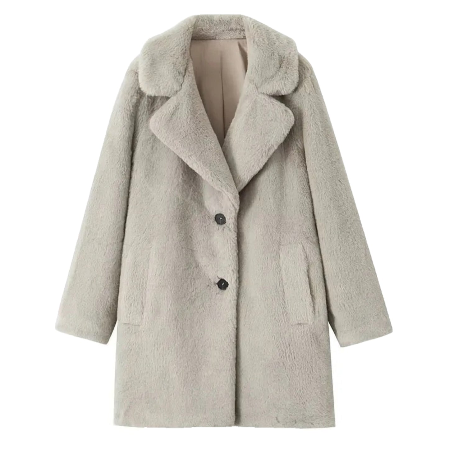Light grey faux fur oversized long sleeve trench coat jacket for women and teens, satin lined fuzzy soft cozy warm thick full length luxury fur coat with collared v-neck split neck, elegant feminine trendy Y2K chic fashionable outerwear for fall autumn winter 2025, silver gray Scandinavian Copenhagen streetwear and old money style apres ski ski trip snow day outfit, with global worldwide shipping to US UK Canada Australia Europe and Asia.