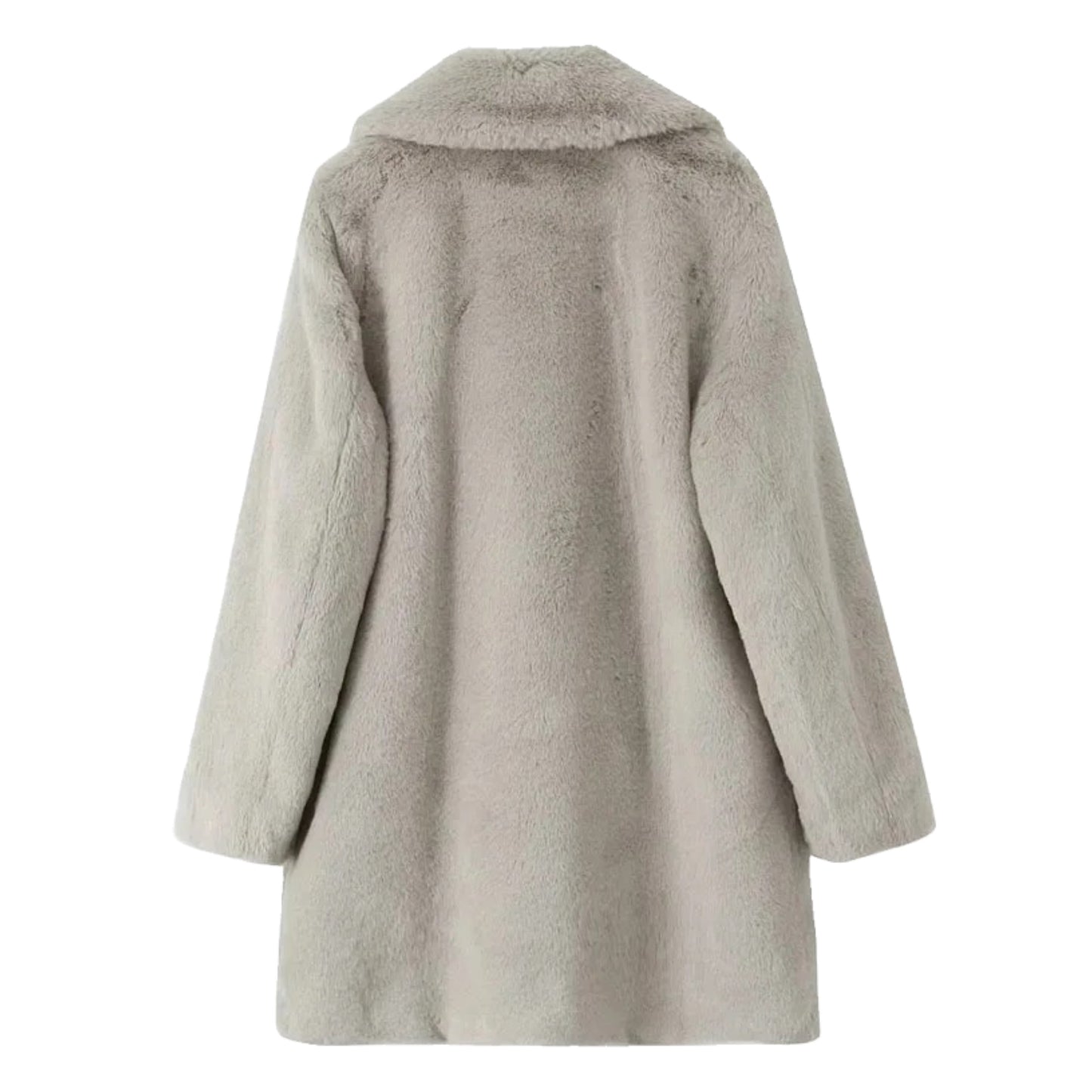 Light grey faux fur oversized long sleeve trench coat jacket for women and teens, satin lined fuzzy soft cozy warm thick full length luxury fur coat with collared v-neck split neck, elegant feminine trendy Y2K chic fashionable outerwear for fall autumn winter 2025, silver gray Scandinavian Copenhagen streetwear and old money style apres ski ski trip snow day outfit, with global worldwide shipping to US UK Canada Australia Europe and Asia.