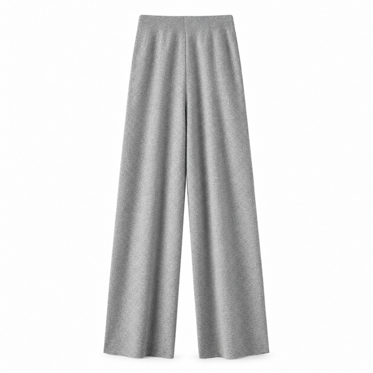 Light grey heather grey knit wide leg fleece pants for women with soft sweater-knit construction, ribbed fitted drawstring mid-rise waistband, relaxed baggy fit and full-length draped wide legs. Warm cozy elevated loungewear and knit trousers for fall winter 2026, clean girl, minimalist, Scandi, Stockholm, Copenhagen, quiet luxury, casual chic, old money, preppy, airport, travel, college, school, streetwear, model off duty and everyday outfits.