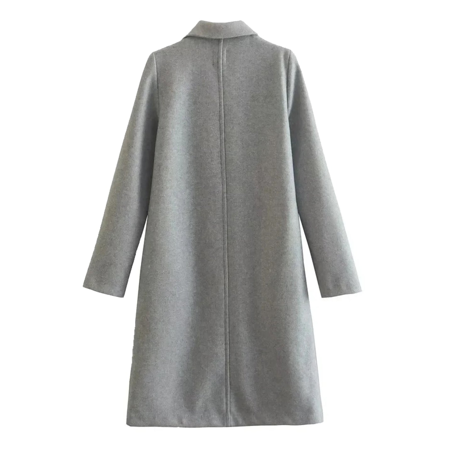Light grey woolen oversized trench coat for women with wide lapel collar, long sleeves, relaxed tailored silhouette, soft cozy warm wool blend fabric, minimalist neutral winter outerwear, chic streetwear style jacket ideal for fall and winter fashion, ships globally to US, Canada, UK, Europe, Australia and more.