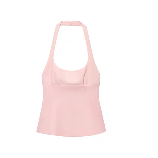 Light pink backless corset halter crop tank top with slim fit bustier bodycon design, square neckline, spaghetti straps, bow detail, sleeveless blouse – chic trendy sexy preppy coquette summer 2025 fashion for women and teens casual everyday wear, vacation, party, brunch, sorority rush, night out, clubwear