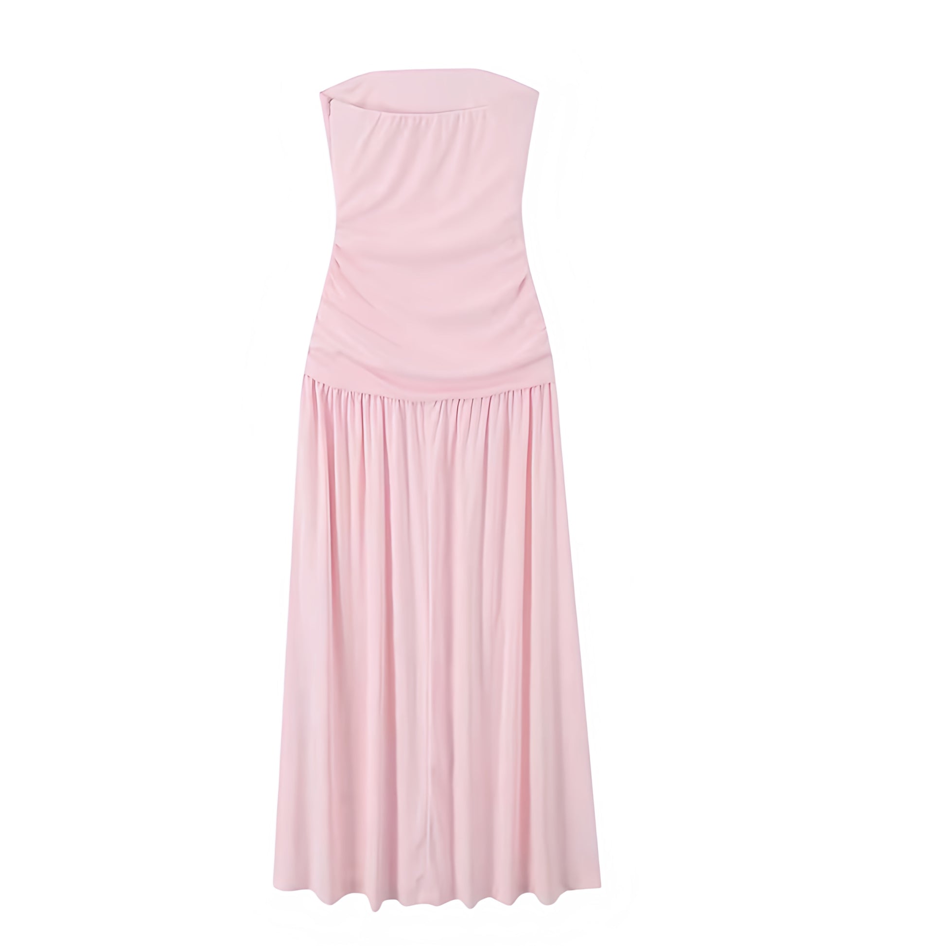 Light pink strapless bodycon ruched pleated maxi dress for women and teens. Slim fit corset bustier silhouette with sheath, shift, and pencil dress influence. Strapless sleeveless backless design with ruched detailing, plissé pleats, ruffled accents, and drop waist A-line shaping. Elegant and feminine sundress for summer, holidays, Euro vacation, brunch, graduation, prom, homecoming, sorority rush, formal evening events, parties, or going out. Coquette Y2K chic preppy fashion. Ships worldwide to USA, UK, CA