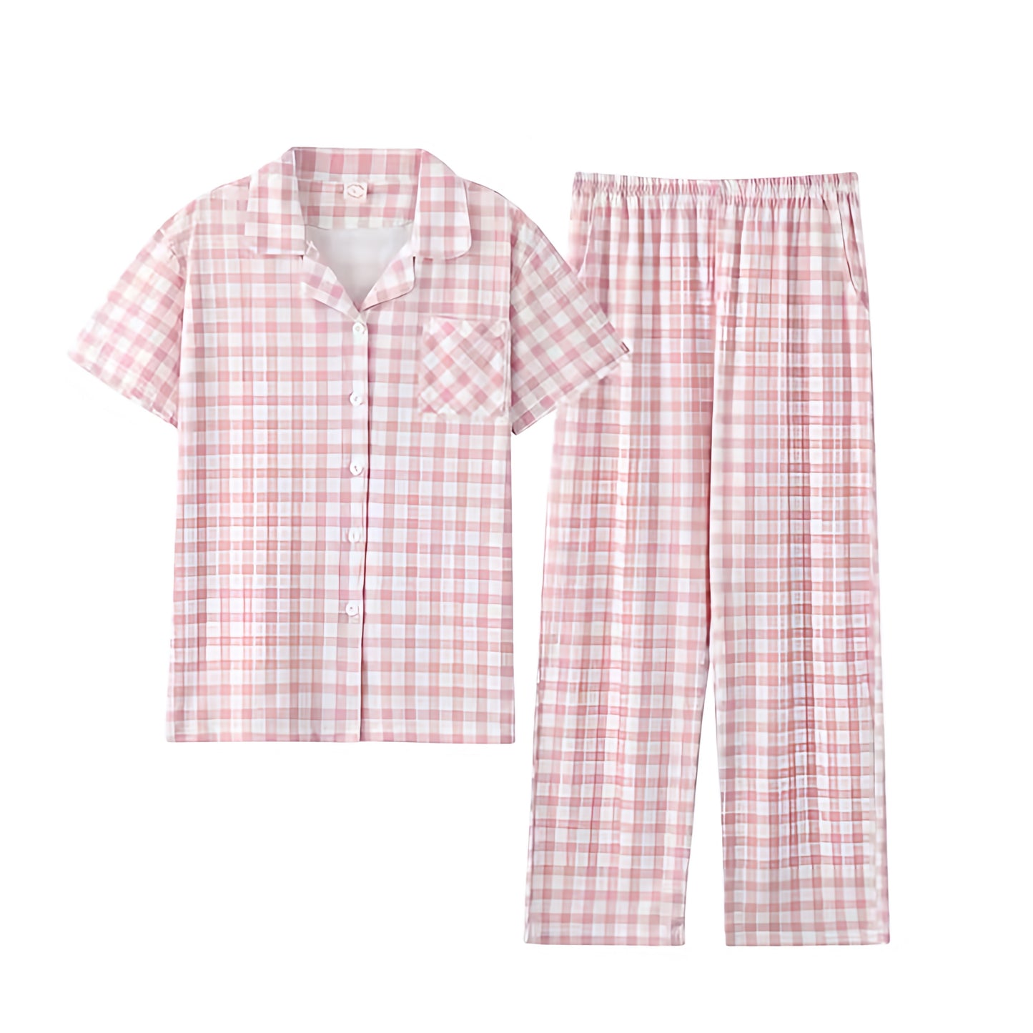 Light pink and white checkered cotton pajama set for women featuring a soft breathable cotton blend fabric. Two piece loungewear set includes a short sleeve button down collared top with front pocket and relaxed fit wide leg pants with pockets. Cozy, cute, and feminine pink gingham pattern inspired by Roller Rabbit and Eberjey. Perfect for sleepwear, lounging, and holiday gifting. Ships globally to US, UK, Canada, Australia, New Zealand, Europe, and Asia.