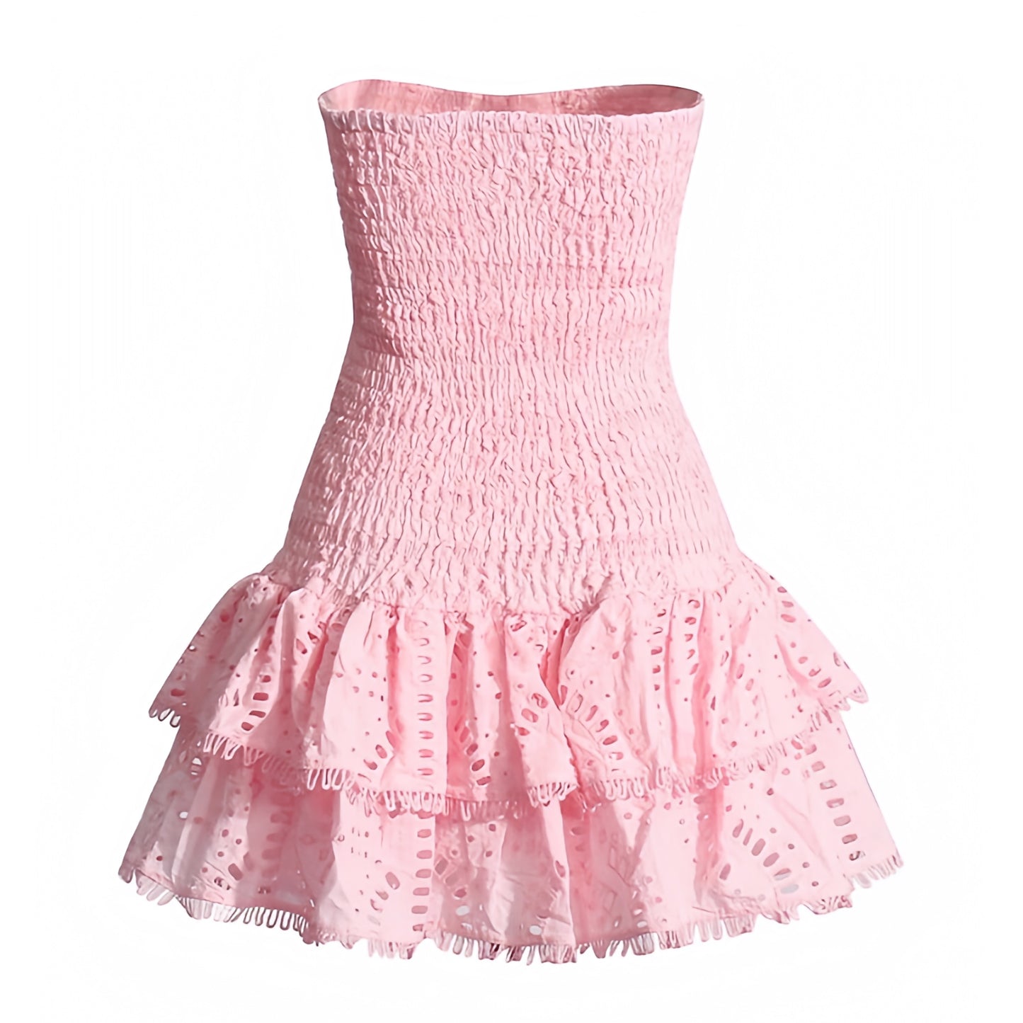 Light pink baby pink pastel pink eyelet embroidered strapless smocked mini dress with layered ruffle trim and tiered flared skirt. Floral anglaise patterned detail with slim fit bodycon corset bustier silhouette, ruched shirred bodice and sweetheart neckline. Chic summer sundress for womens teens ladies perfect for party dress prom hoco homecoming graduation beach vacation ibiza style boho chic resort wear coastal aesthetic euro summer loveshackfancy dupe zimmermann dupe.