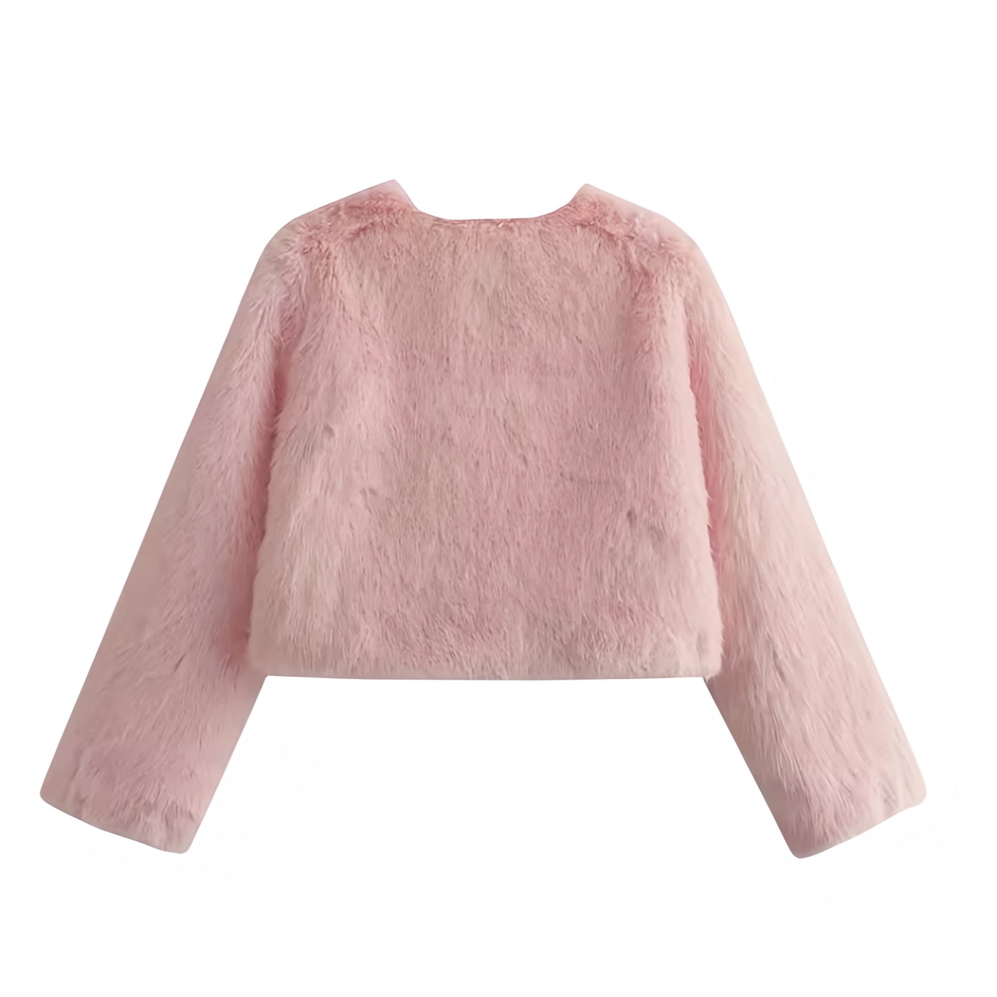 Light pink faux fur cropped jacket for women and teens, satin lined fuzzy soft cozy warm thick oversized coat with long sleeves, luxury pastel pink round neckline split neck crewneck cropped fur jacket, elegant feminine trendy Y2K chic outerwear for fall autumn winter 2025, cool girl Copenhagen street style ski trip apres ski fashion with global worldwide shipping to US UK Canada Australia Europe and Asia.