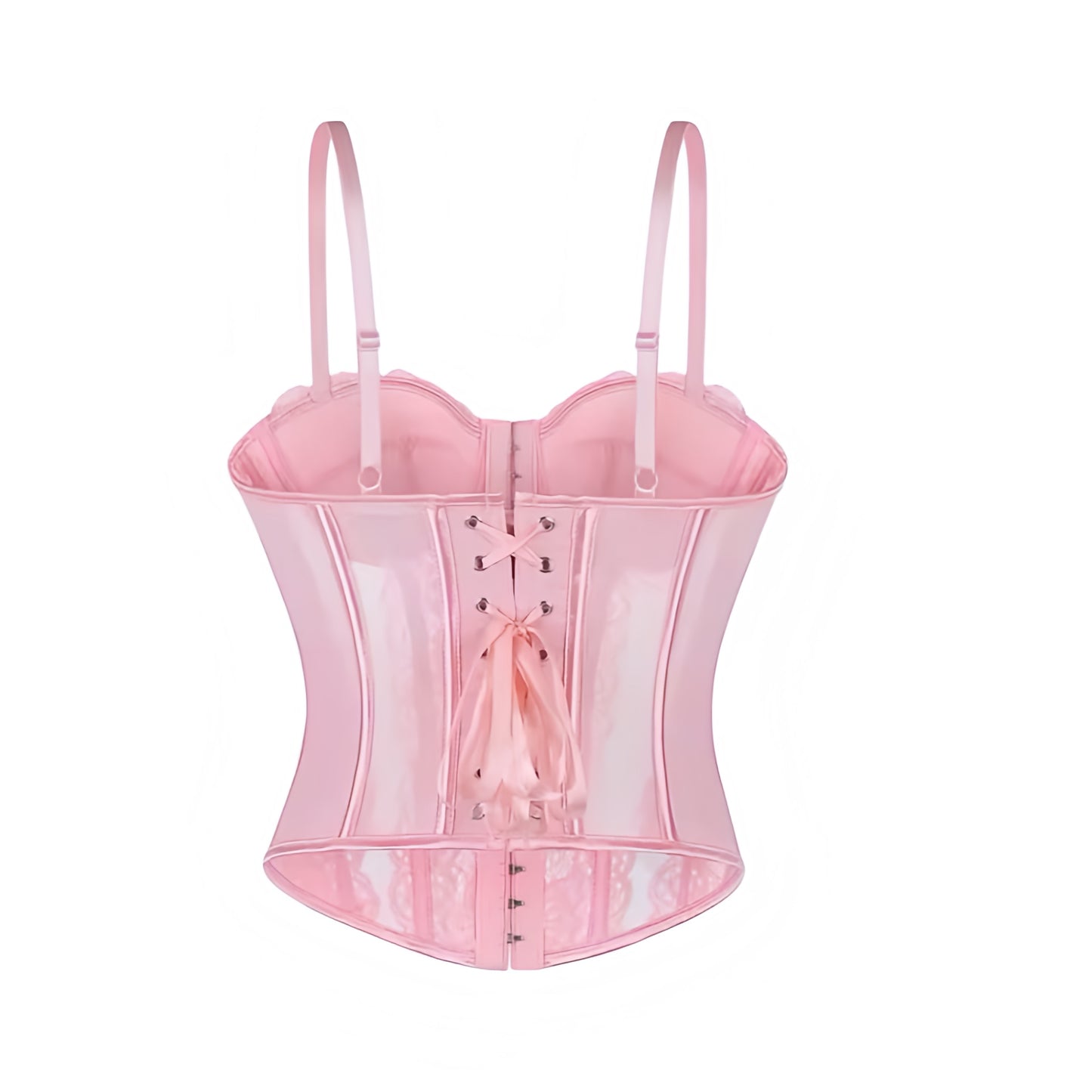 Light pink pastel pink baby pink floral flower patterned lace lace trim translucent transparent mesh slim fit bodycon silhouette corset bustier underwire push up v neck sweetheart neckline spaghetti strap sleeveless lace up back cinched waist adjustable camisole crop tank top bra bralette intimate lingerie underwear under garments shapewear womens teens ladies spring summer fall autumn winter 2026 feminine fashion coquette y2k chic trendy vintage retro evening party night out sexy club wear ships worldwide