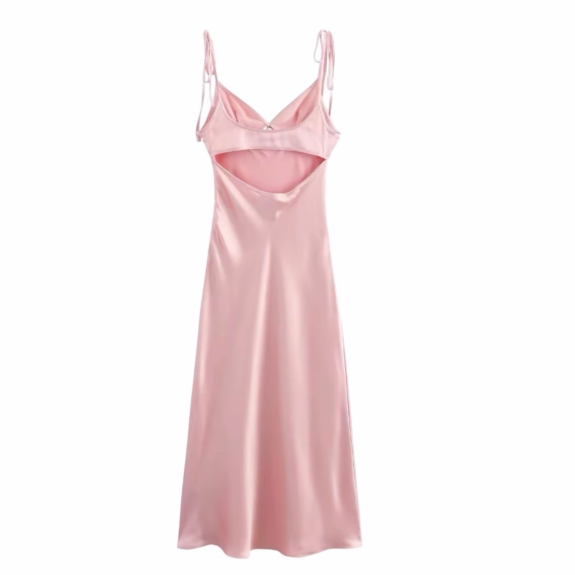 Light pink satin v-neck bodycon maxi dress with hollow-out detail, slim fit silhouette, sleeveless spaghetti straps, chic bow accent, elegant backless design. Feminine coquette-inspired summer sundress for women and teens. Perfect for vacation, brunch, sorority rush, school dances, prom, hoco, homecoming, formal evening, night out, Euro summer parties, and preppy chic style. Ships worldwide to USA, UK, Canada, Australia, New Zealand, Germany, France, Ireland, Denmark, Sweden, Switzerland, Spain, Netherlands