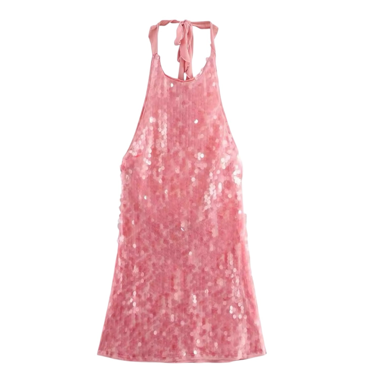 Light pink sequin embellished slim fit bodycon halter sleeveless sheath mini dress for women and teens chic boho Ibiza style Y2K sundress slip dress sexy it girl that girl trendy rave club party festival night out summer vacation fashion 2025 with global international shipping USA Canada UK Europe Asia Australia