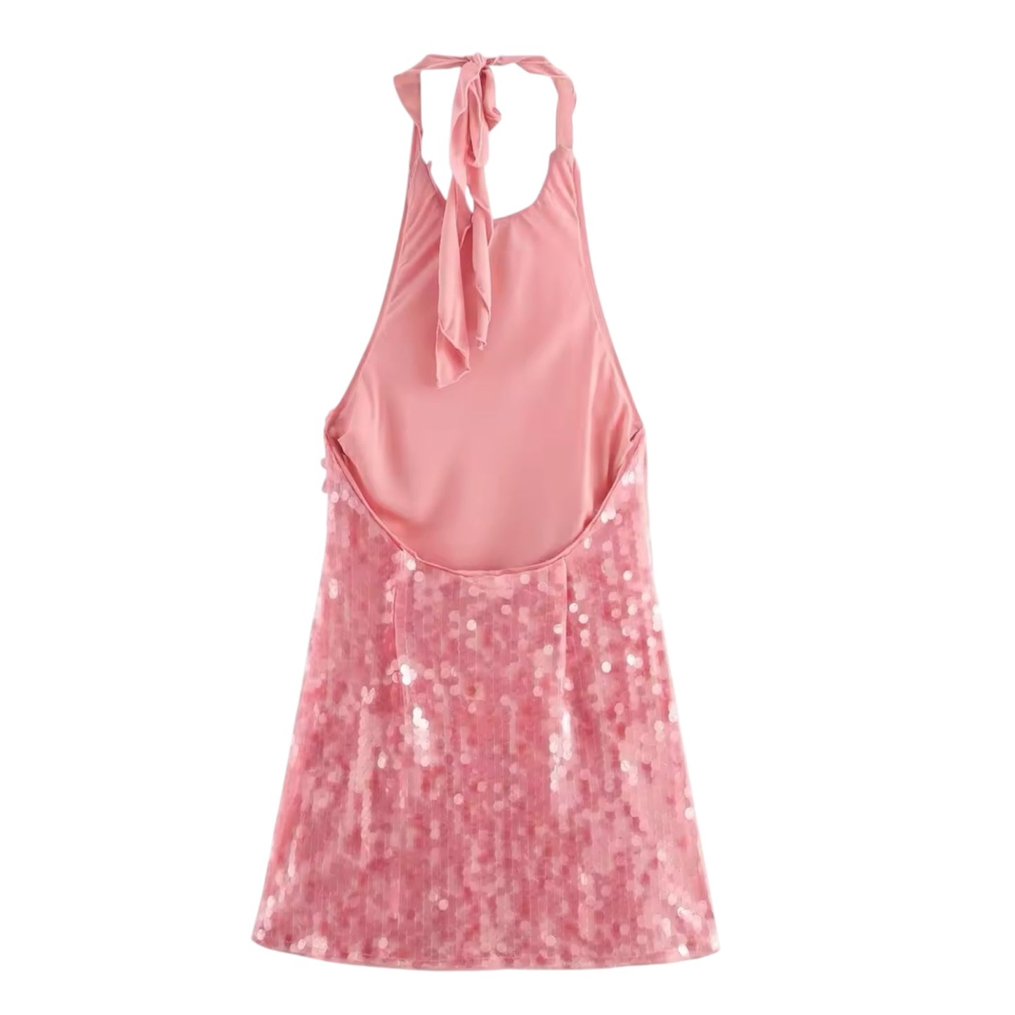 Light pink sequin embellished slim fit bodycon halter sleeveless sheath mini dress for women and teens chic boho Ibiza style Y2K sundress slip dress sexy it girl that girl trendy rave club party festival night out summer vacation fashion 2025 with global international shipping USA Canada UK Europe Asia Australia
