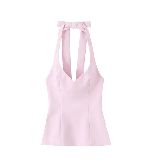 Light pink slim fit V-neck halter corset tank top, sleeveless backless bustier bodycon crop top for women, trendy chic sexy Y2K club night out summer fall 2025 outfit.