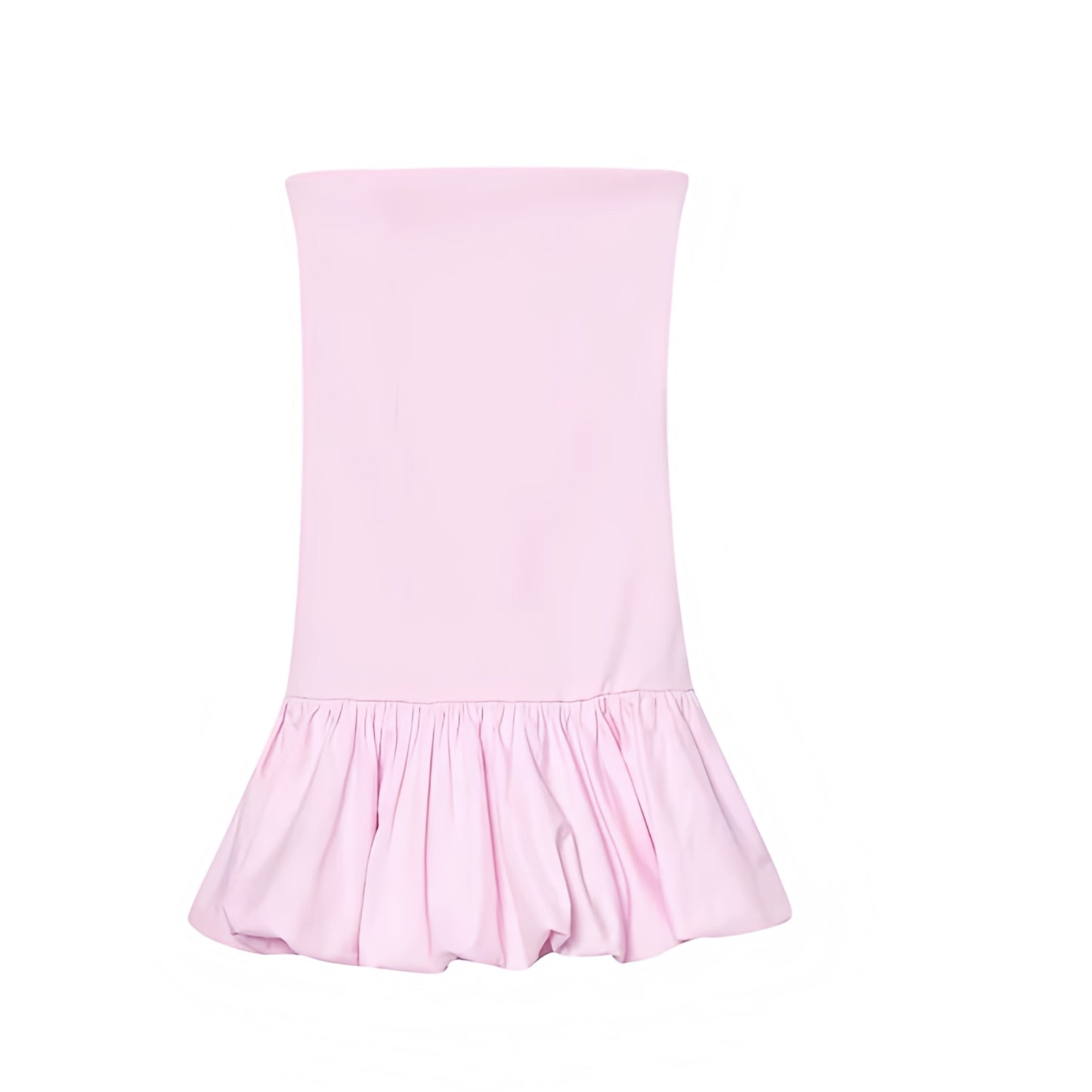 Light pink slim fit strapless corset bodycon sleeveless backless a-line square neckline drop waist peplum bubble skirt flared plissé pleated short mini dress sundress for women and teens, chic trendy preppy elegant feminine fashion, Y2K sexy summer 2025 outfit for prom, hoco, homecoming, school, sorority rush, casual everyday holiday vacation, night out party going out club wear, with global shipping to USA, UK, Europe, Australia, and Canada.