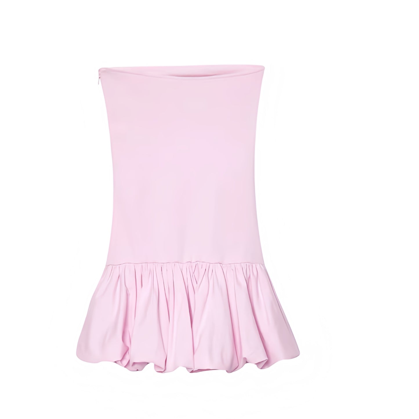 Light pink slim fit strapless corset bodycon sleeveless backless a-line square neckline drop waist peplum bubble skirt flared plissé pleated short mini dress sundress for women and teens, chic trendy preppy elegant feminine fashion, Y2K sexy summer 2025 outfit for prom, hoco, homecoming, school, sorority rush, casual everyday holiday vacation, night out party going out club wear, with global shipping to USA, UK, Europe, Australia, and Canada.