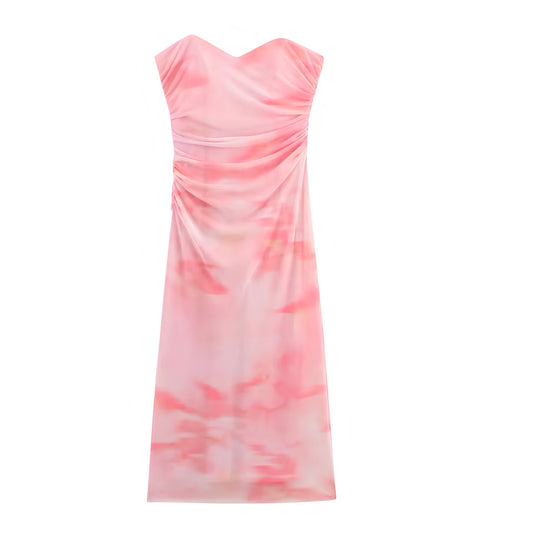 Light pink multicolor tie dye patterned ruched strapless sweetheart neckline bodycon slim fit sheath maxi sundress sleeveless elegant chic feminine preppy trendy sexy Y2K summer 2025 women’s and teens dress for prom, homecoming, holiday, vacation, brunch, party, beach, school, sorority rush – US UK Canada Australia Europe Asia