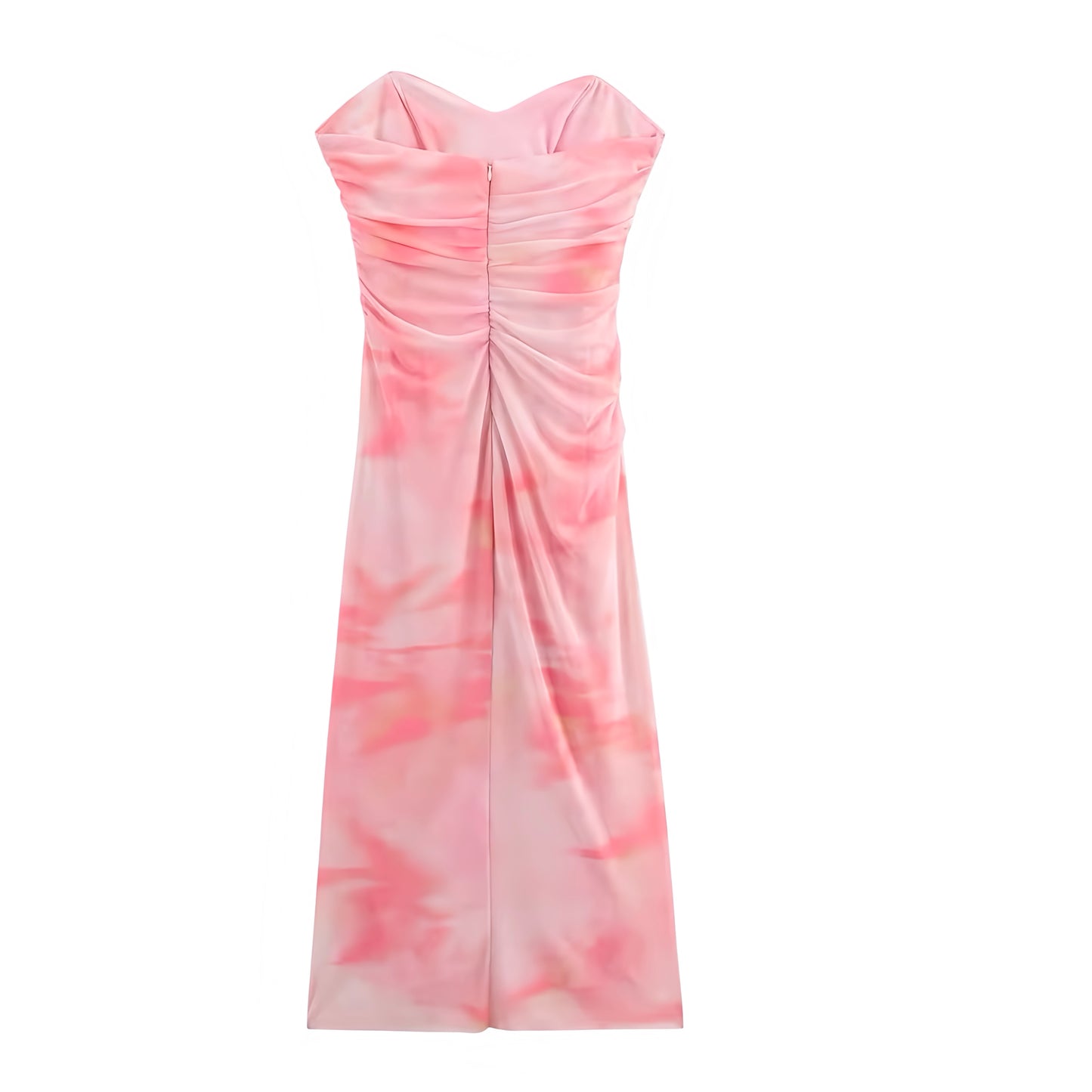 Light pink multicolor tie dye patterned ruched strapless sweetheart neckline bodycon slim fit sheath maxi sundress sleeveless elegant chic feminine preppy trendy sexy Y2K summer 2025 women’s and teens dress for prom, homecoming, holiday, vacation, brunch, party, beach, school, sorority rush – US UK Canada Australia Europe Asia
