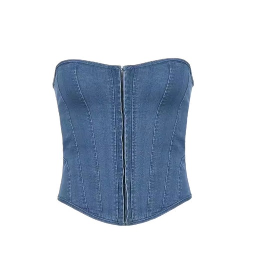 Light wash blue vintage strapless denim corset top with lace-up back, sweetheart neckline and slim fit bustier crop style. Sexy chic coquette Y2K it-girl that-girl retro western country feminine trendy casual party club night out summer fall 2025 outfit. Ships worldwide to US, UK, EU, AU, Canada and more.