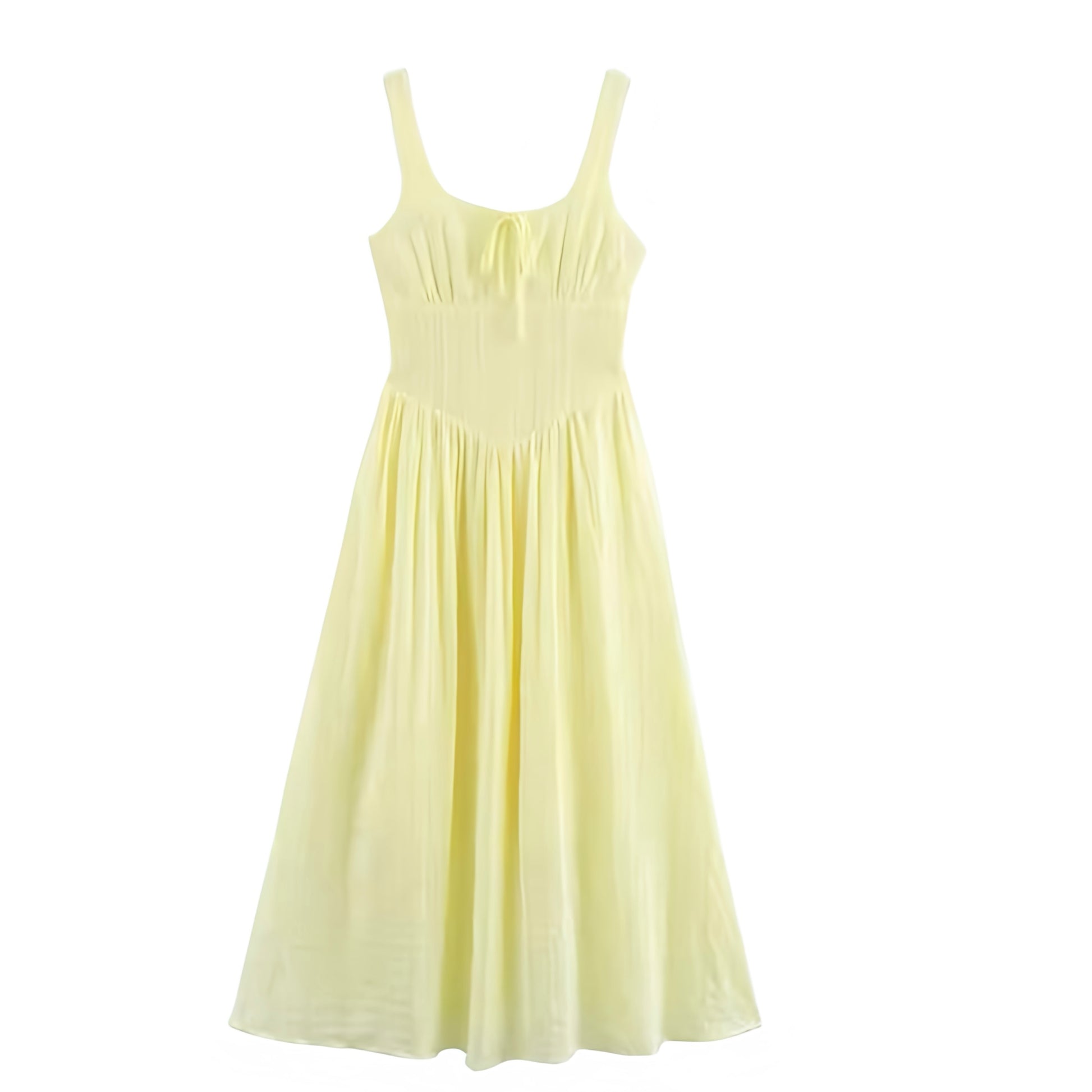 Light yellow linen sleeveless drop-waist milkmaid maxi dress for women and teens. Butter yellow slim fit corset bustier bodycon silhouette with A-line peplum skirt, ruffled pleated plissé flared hem, retro square neckline, scoop neck split detail, spaghetti straps, backless sundress style. Elegant feminine vintage-inspired dress for summer holidays, Euro summer, beach girl fashion, chic coquette, preppy Hamptons and Nantucket style. Perfect for prom, homecoming, brunch, graduation, party, or everyday wear.
