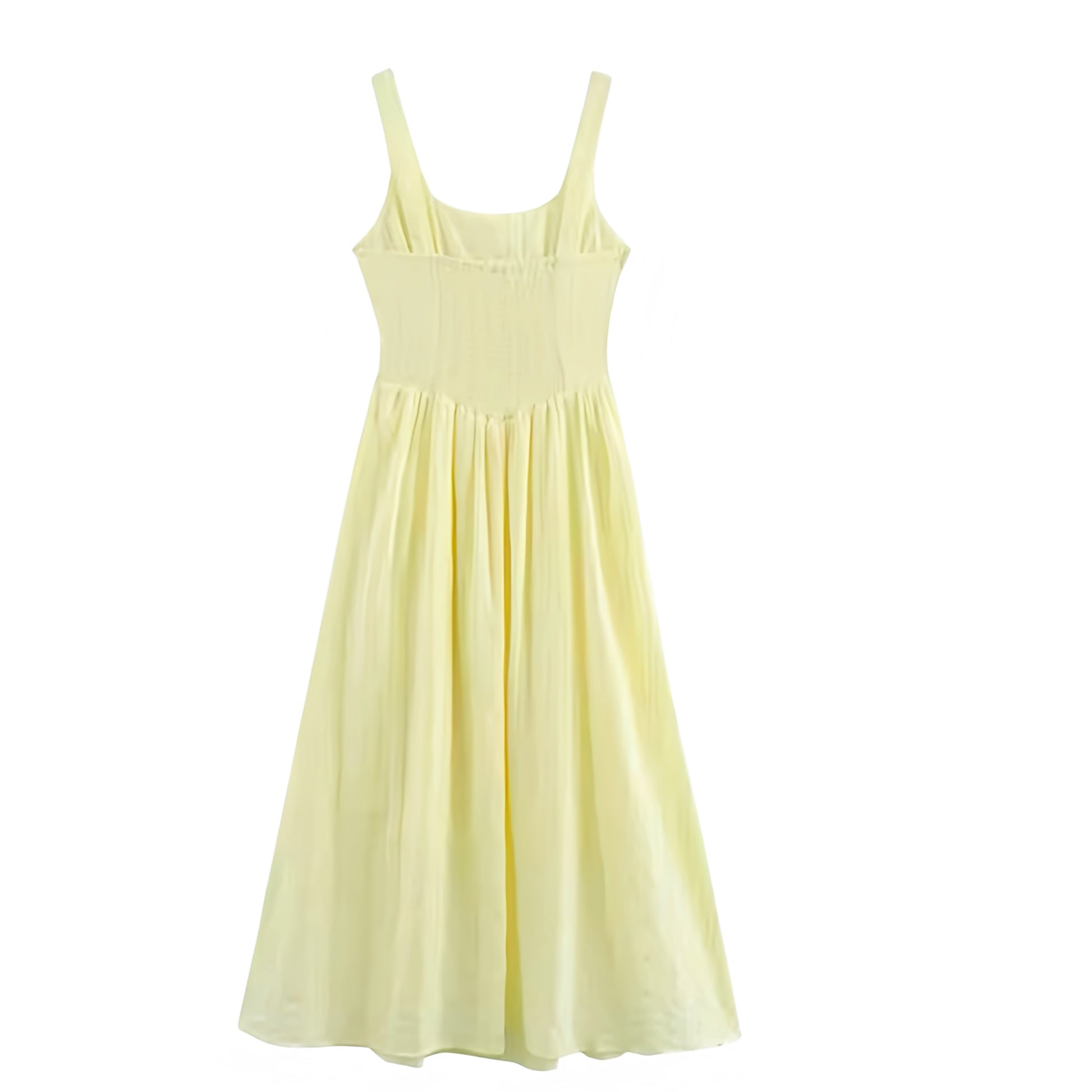 Light yellow linen sleeveless drop-waist milkmaid maxi dress for women and teens. Butter yellow slim fit corset bustier bodycon silhouette with A-line peplum skirt, ruffled pleated plissé flared hem, retro square neckline, scoop neck split detail, spaghetti straps, backless sundress style. Elegant feminine vintage-inspired dress for summer holidays, Euro summer, beach girl fashion, chic coquette, preppy Hamptons and Nantucket style. Perfect for prom, homecoming, brunch, graduation, party, or everyday wear.