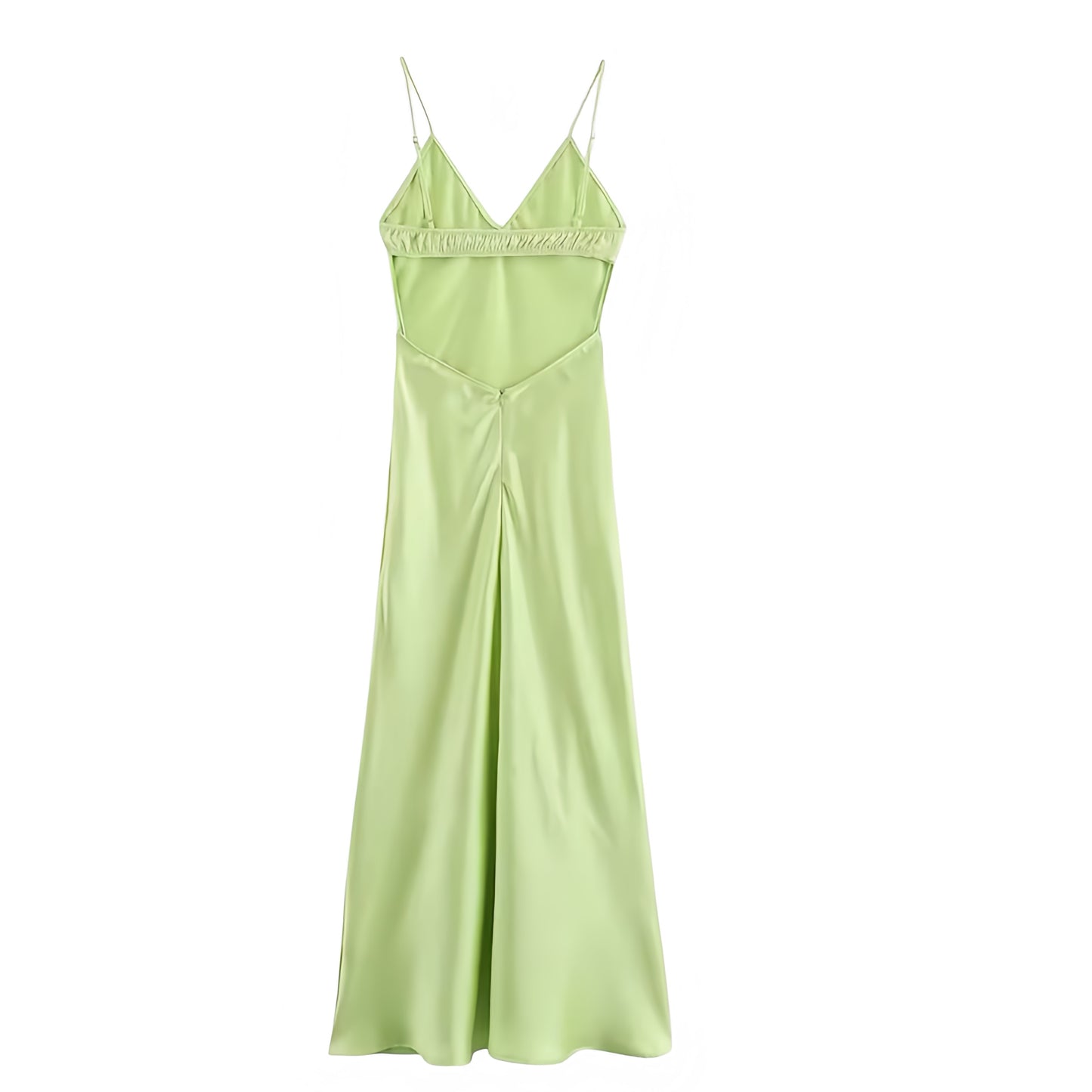 Lime Green Satin Bodycon V-Neck Spaghetti Strap Backless Maxi Slip Dress. Neon light green satin slim fit silhouette with sexy bodycon cut, sleeveless spaghetti straps, deep V-neckline, A-line shift-inspired design, and elegant maxi slip sundress style. Perfect for women, ladies, and teens seeking chic feminine fashion for formal events, sorority rush, prom, hoco, homecoming, elegant evening wear, trendy holiday vacations, sexy going-out night outfits, and global resort wear. Ships worldwide to US, UK, Ca