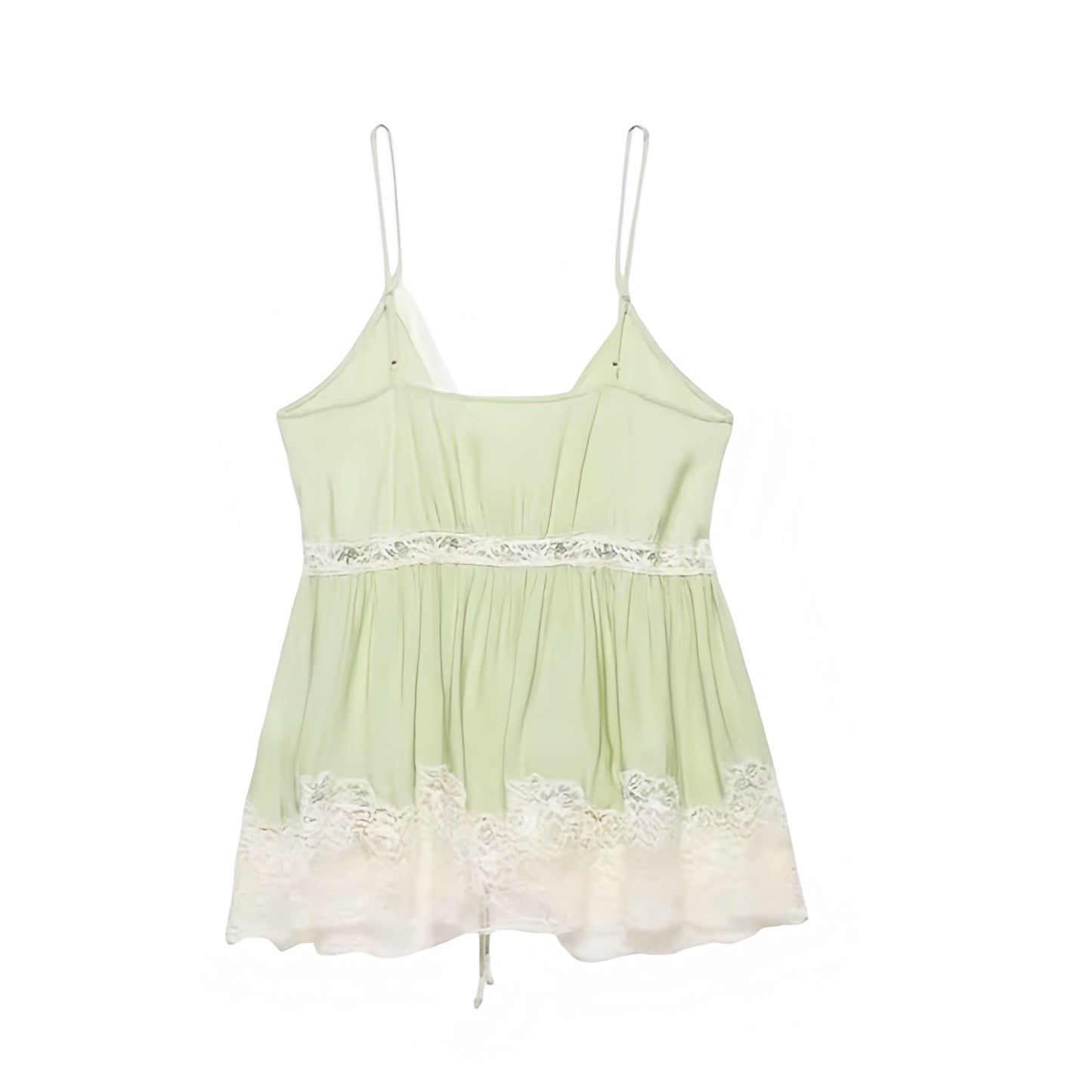 Mint green light green lime green lace trim floral v-neck camisole tank top with satin silk flowy sheath ruffled plisse pleated tiered flared peplum ruched design. Slim fit skinny fit sleeveless spaghetti strap backless crop blouse for women, teens, and ladies. Chic trendy casual elegant sexy summer top for beach vacation, euro summer, Ibiza fashion, rave outfit, festival outfit, boho chic style, bohemian gypsy fashion, coquette aesthetic, y2k fashion, streetwear, mermaidcore, tropicalcore, fairycore.