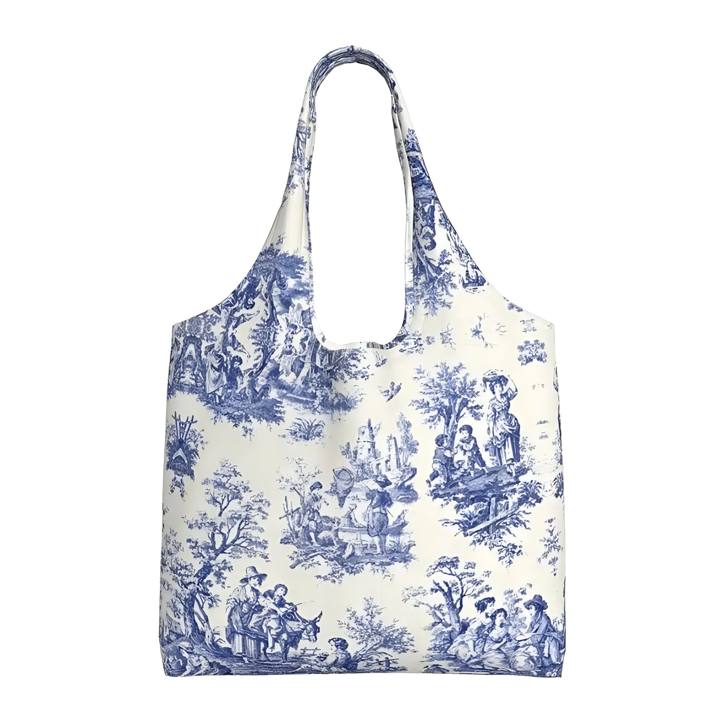 Montauk coastal floral print tote beach bag in blue and white with vintage-inspired toile design and scenic countryside details. Lightweight, foldable, and vegan-friendly linen material with soft handle straps. Perfect as a reusable grocery bag, beach carryall, or everyday travel tote. Feminine, coastal granddaughter aesthetic with Hamptons and Nantucket style influence. Ships worldwide to US, UK, Canada, Australia, New Zealand, Europe, and Asia.