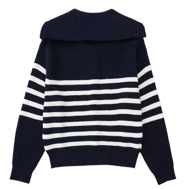 Navy blue striped knitted quarter-zip pullover sweater for women and teens, soft ribbed chunky knit with collared neckline and silver zipper, cozy oversized warm knitwear perfect for fall autumn winter 2025, elegant nautical coastal preppy style inspired by Scandinavian fashion, Zara and Aritzia dupe sweater, shipping globally worldwide to US, UK, Canada, Europe, Australia and Asia.