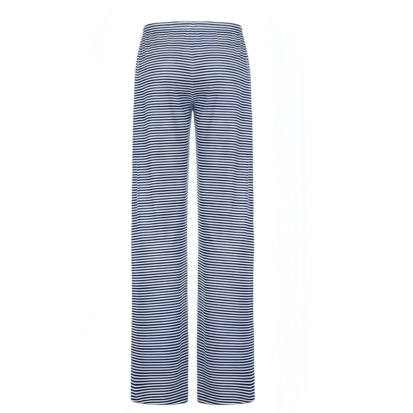 Navy blue and white striped low-rise slim fit flared drawstring pants for women featuring breathable cotton-blend stretch fabric and adjustable waistband. Lightweight and comfy full-length silhouette with horizontal pinstripe design inspired by nautical and coastal style. Perfect for casual wear, resort vacations, or summer holidays. Ships worldwide to the US, UK, Canada, Europe, Australia, and Asia.