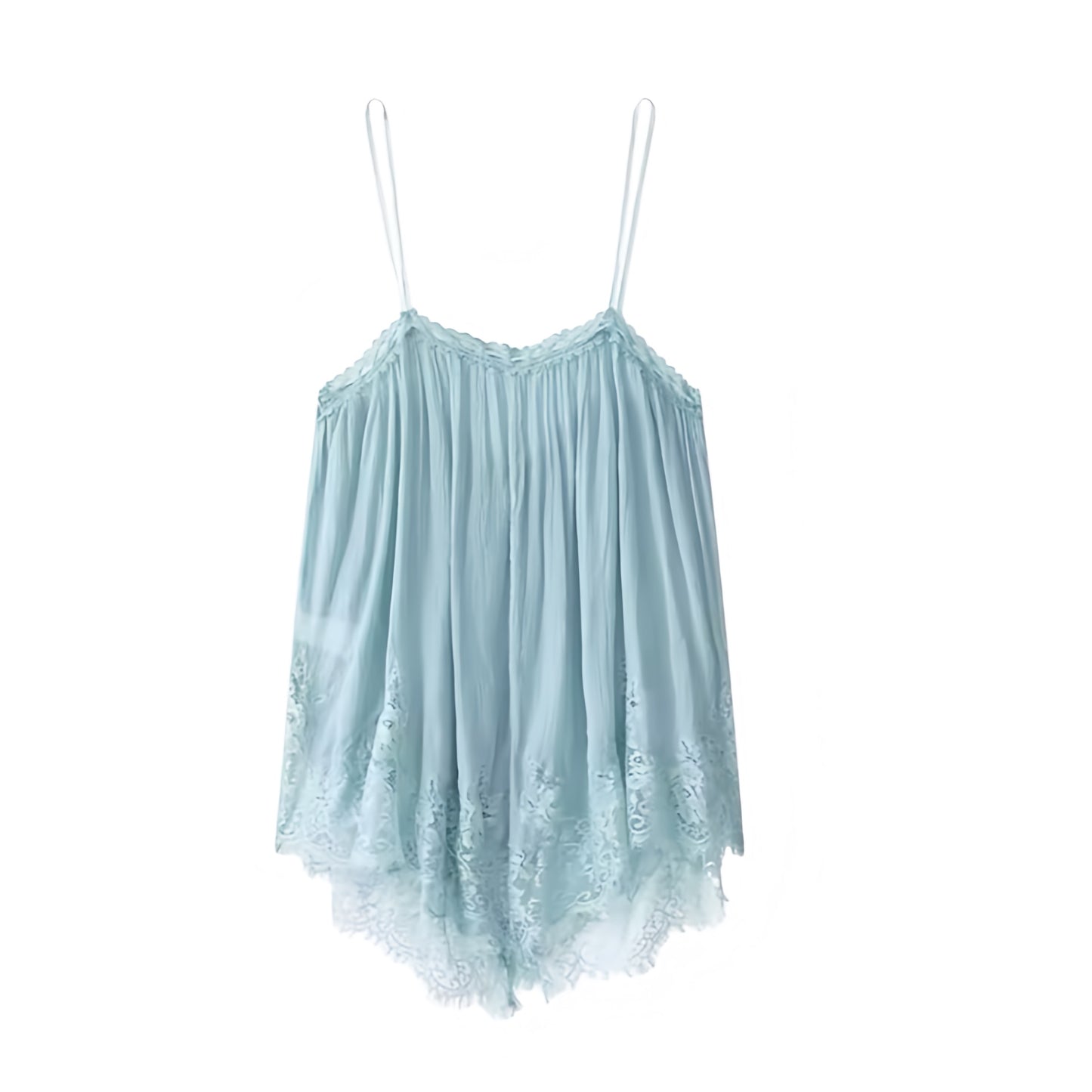 Ocean blue light blue baby blue pastel blue lace trim floral v-neck camisole tank top with satin silk flowy sheath ruffle trim plisse pleated tiered flared peplum ruched design. Slim fit skinny fit sleeveless spaghetti strap backless crop blouse for women, teens, and ladies. Chic trendy casual elegant sexy summer top for beach vacation, euro summer, Ibiza fashion, rave outfit, festival outfit, fairycore, party, club wear, night out, boho chic style, coquette aesthetic, y2k fashion, mermaidcore.