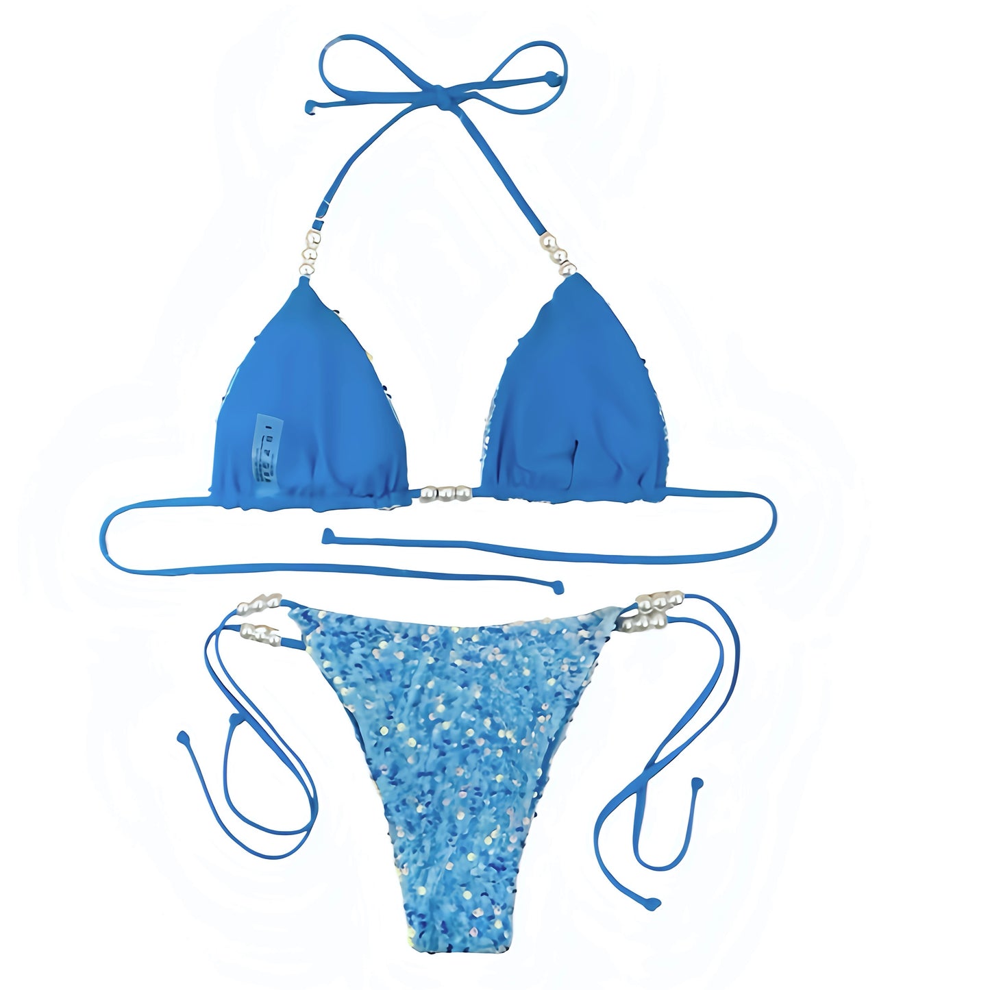 Ocean blue sea blue royal blue sequin embellished beaded pearl bead triangle string bikini set with spaghetti strap 2 piece matching swimwear. Sparkly glittery shimmery bikini in slim fit skinny fit wireless wire free halter tie neck v neck backless thong string design. Chic beach vacation swimwear for womens teens ladies perfect euro summer Ibiza style rave festival outfit disco party beach club resort wear mermaidcore tropicalcore Florida aesthetic y2k fashion hot girl summer ocean inspired bikini.