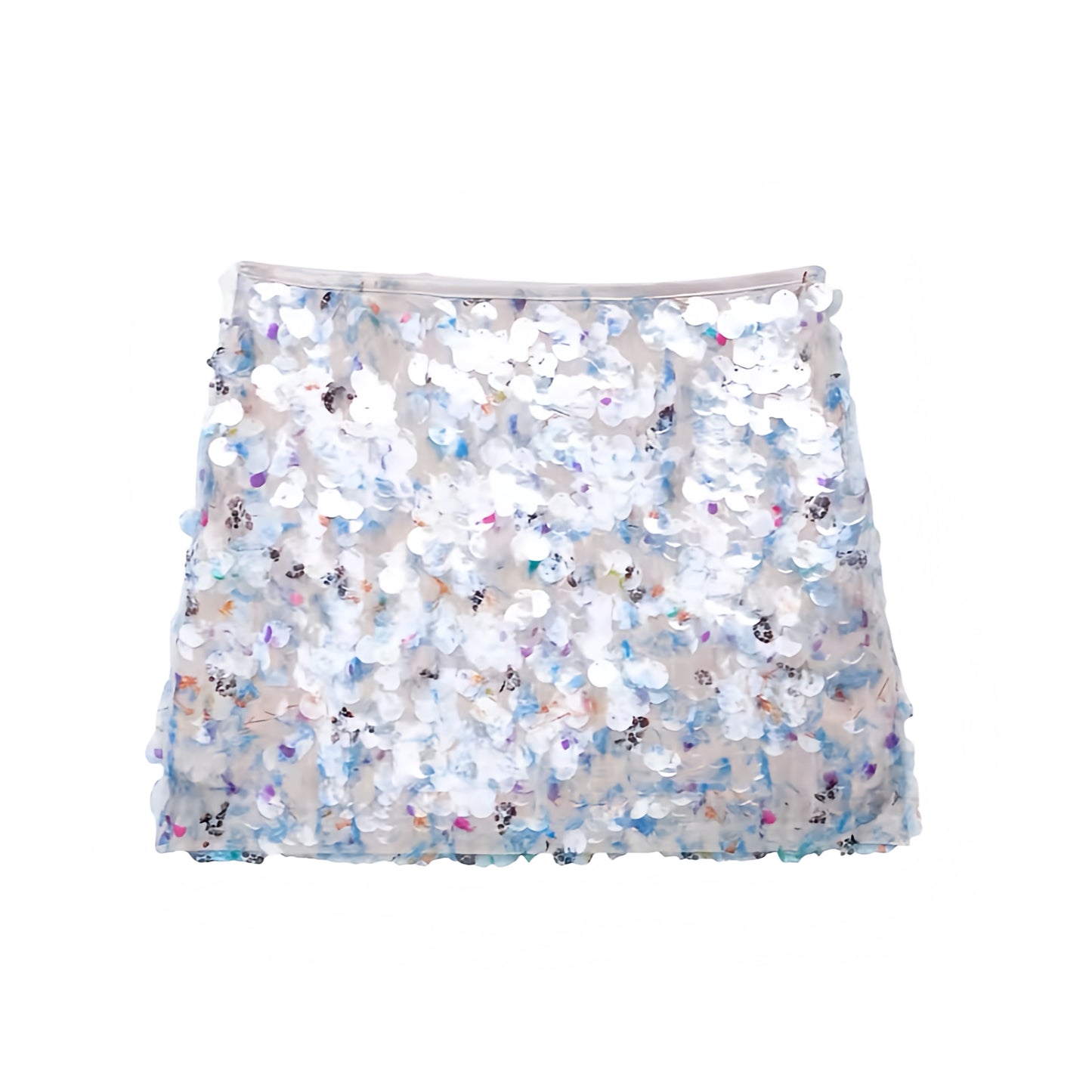 Opalescent iridescent sequin embellished slim fit low-rise mini skirt, sparkly pencil/sheath short; feminine sexy Y2K it-girl that-girl Ibiza style festival party club rave concert Euro summer vacation boho chic trendy 2025. Ships worldwide to US, UK, EU, AU, Canada and more.