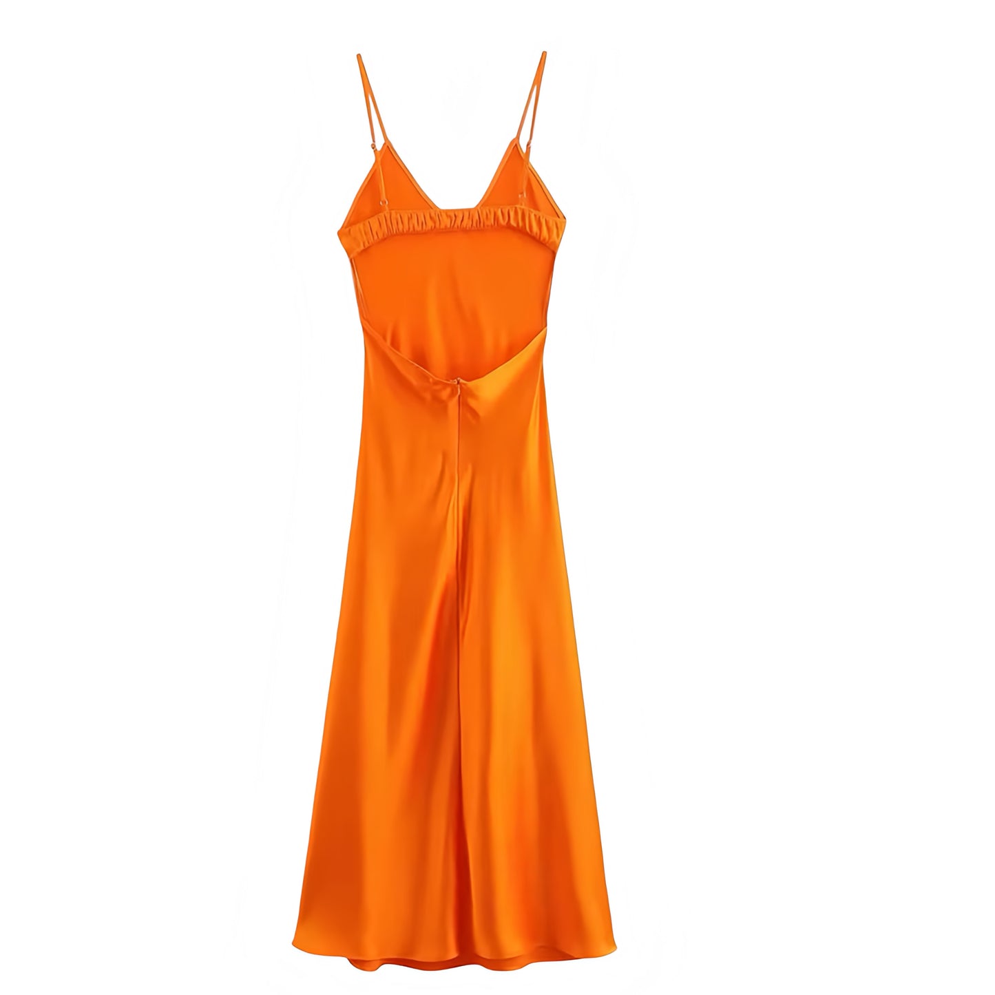 Orange Satin Bodycon V-Neck Spaghetti Strap Backless Maxi Slip Dress. Slim fit silhouette with sexy sleeveless bodycon cut, A-line shift-inspired maxi length, and elegant slip dress design. Perfect for women, teens, and ladies seeking chic, feminine fashion for holidays, vacations, sorority rush, prom, homecoming, formal events, evening parties, dances, night out, or going out looks. Trendy and elegant maxi slip dress ships worldwide to US, UK, Canada, Australia, Europe, Asia & more.