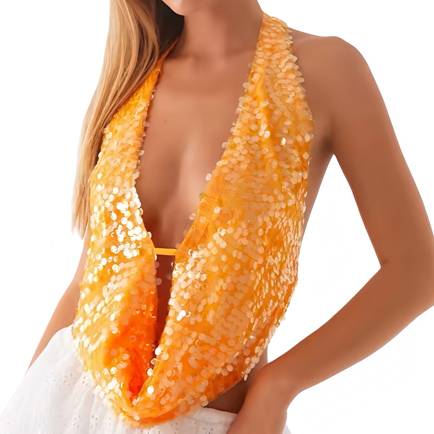Orange sequin v-neck backless halter top with bead crochet, sequin, sequined, beaded, sparkly, shimmery and glittery detailing. Slim fit skinny fit sleeveless crop top with halter v neck, split neck, open back, cut out and hollow out design. Perfect for Y2K style, 2000s fashion, summer 2026, Ibiza outfits, beach vacation outfits, festival outfits, concert outfits, disco parties, mermaidcore, fairycore, tropicalcore, boho chic and baddie outfits.