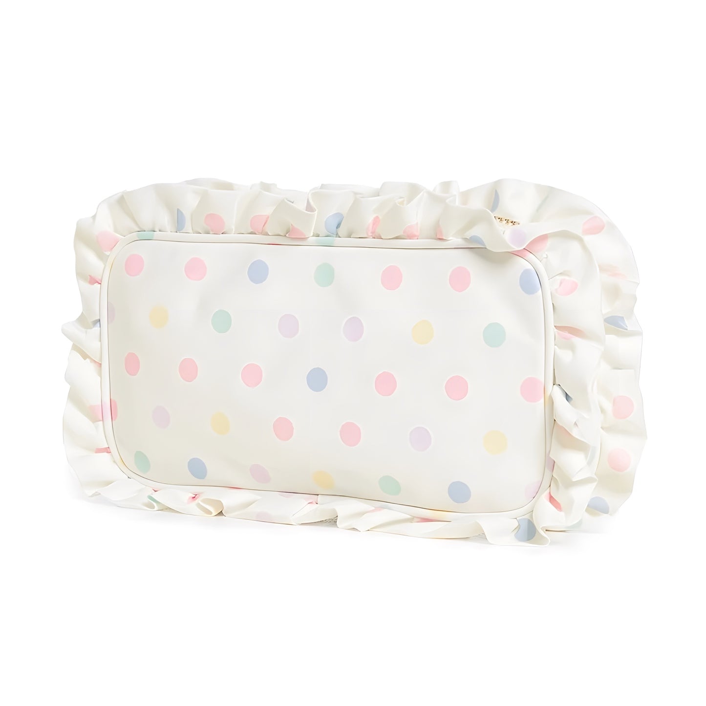 Pastel multicolor polka dot print makeup bag with ruffle trim detail and metallic zipper. Lightweight, waterproof, and vegan-friendly cosmetic pouch perfect for organizing makeup, skincare, and toiletries. Feminine, chic, and coquette-inspired design ideal for travel or everyday use. Ships globally to the US, UK, Canada, Australia, New Zealand, Europe, and Asia.