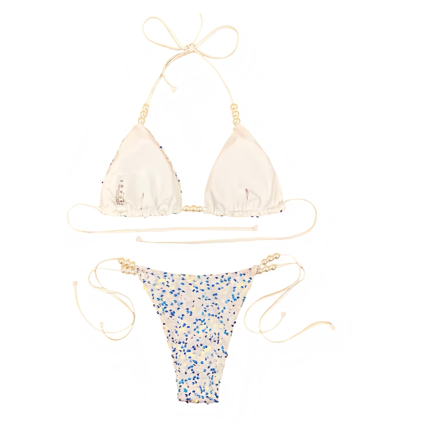 Pearl white off white cream white ivory white sequin embellished beaded pearl bead triangle string bikini set with spaghetti strap 2 piece matching swimwear. Sparkly glittery shimmery bikini in slim fit skinny fit wireless wire free halter tie neck v neck backless thong string design. Chic elegant beach vacation swimwear for womens teens ladies perfect euro summer Ibiza style rave festival outfit disco party beach club resort wear mermaidcore tropicalcore Florida aesthetic y2k fashion luxury bikini.