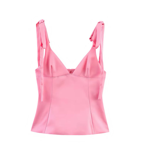 Pink Satin V-Neck Bow Spaghetti Strap Corset Bustier Slim Fit Crop Tank Top Blouse with Peplum Flared Ruffle Trim Plissé Pleated Sleeveless Backless Chic Preppy Y2K Feminine Summer 2025 Fashion Available worldwide with fast shipping to US, UK, Canada, Australia, France, Germany, Denmark, Europe, and Asia.