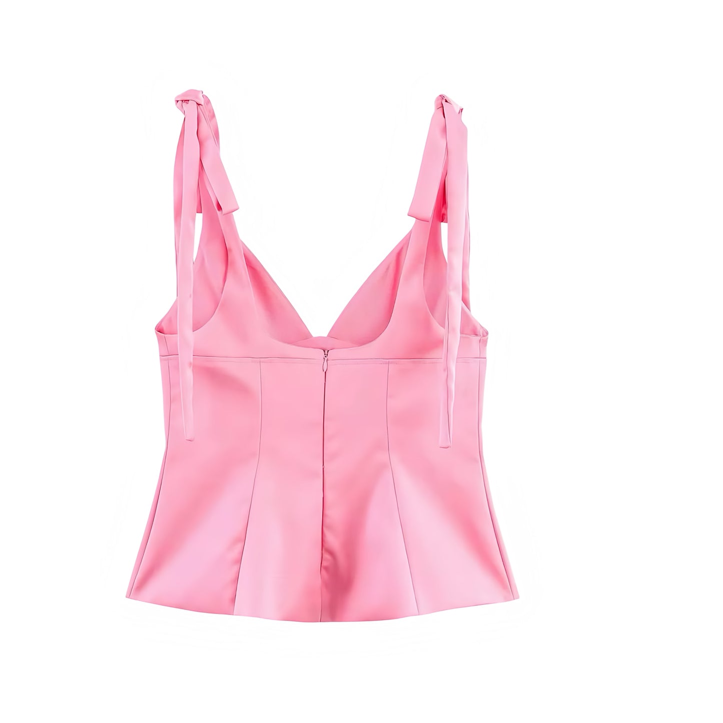 Pink Satin V-Neck Bow Spaghetti Strap Corset Bustier Slim Fit Crop Tank Top Blouse with Peplum Flared Ruffle Trim Plissé Pleated Sleeveless Backless Chic Preppy Y2K Feminine Summer 2025 Fashion Available worldwide with fast shipping to US, UK, Canada, Australia, France, Germany, Denmark, Europe, and Asia.