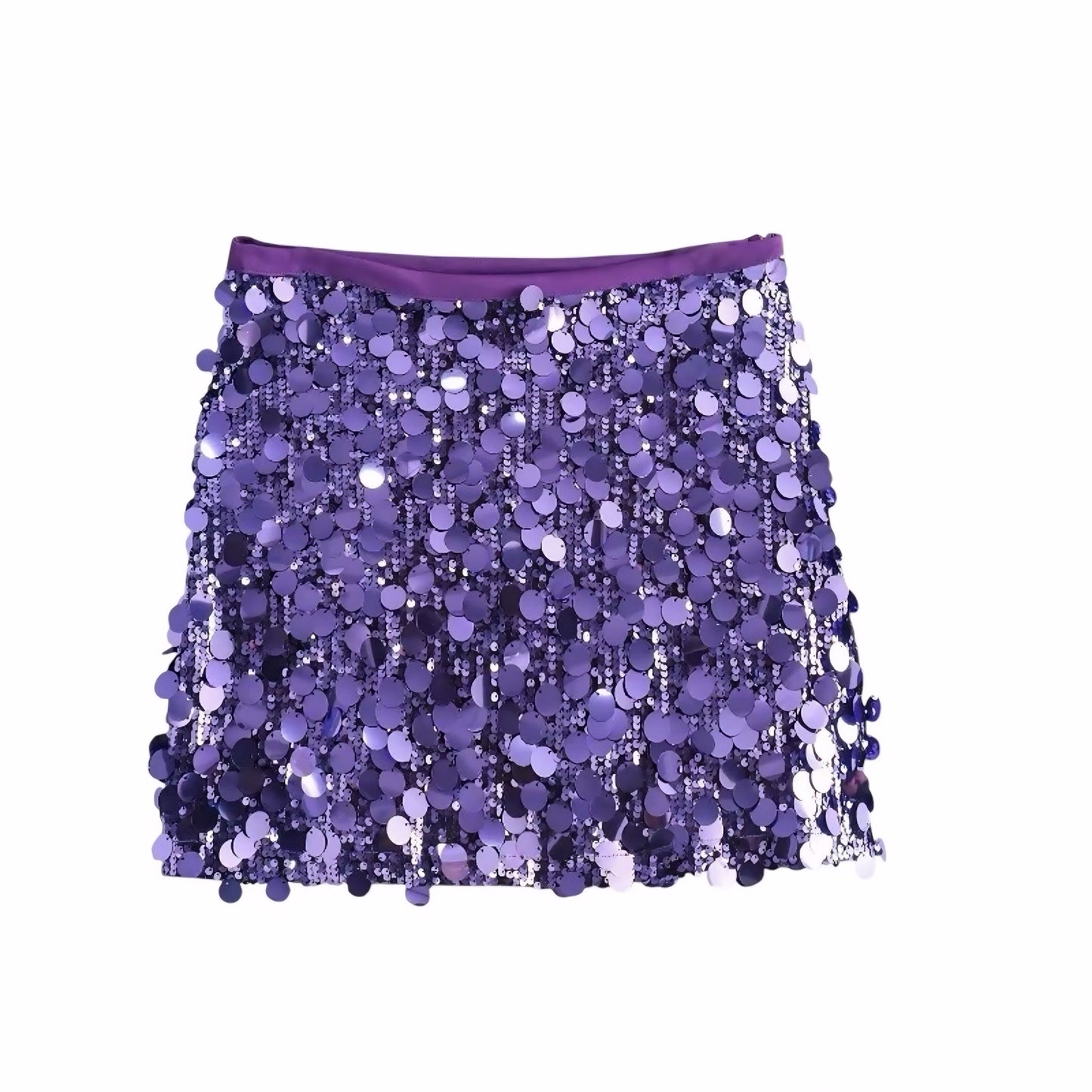 Purple sequin embellished slim fit low-rise mini skirt, sparkly pencil/sheath; feminine sexy Y2K it-girl that-girl Ibiza style festival party club rave concert Euro summer vacation chic boho bohemian trendy 2025. Ships worldwide to US, UK, EU, AU, Canada and more.