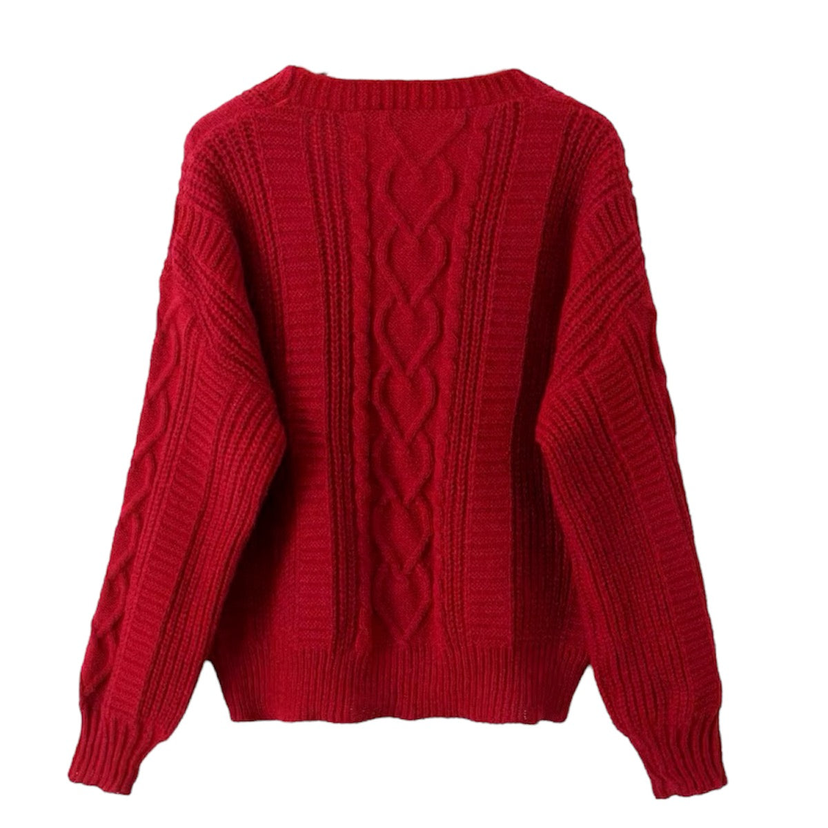 Red cable knit V-neck long sleeve cardigan sweater for women and teens, bright red chunky knit soft fuzzy cozy warm thick textured oversized button-down knitwear with tortoiseshell buttons, elegant trendy chic jumper for fall autumn winter 2025, Zara and Aritzia dupe cardigan, fashionable casual streetwear knitwear ships globally worldwide to US, UK, Canada, Europe, and Australia.