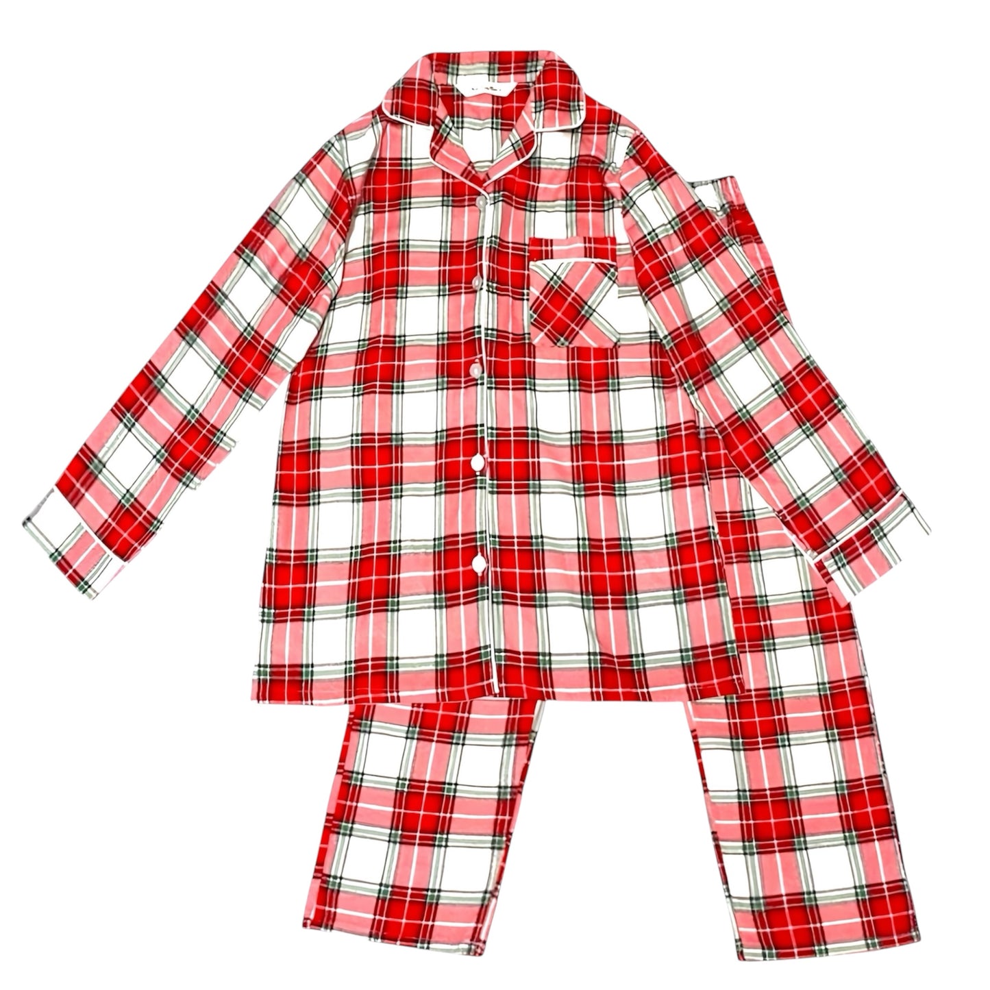 Red, green, and white plaid cotton pajama set for women featuring a soft breathable cotton blend fabric. Two piece loungewear set includes a long sleeve button down collared top with front pocket and matching relaxed wide leg pants with pockets. Cozy, warm, and feminine holiday pajama set inspired by Roller Rabbit and Eberjey. Perfect for Christmas mornings and winter lounging. Ships globally to US, UK, Canada, Australia, New Zealand, Europe, and Asia.